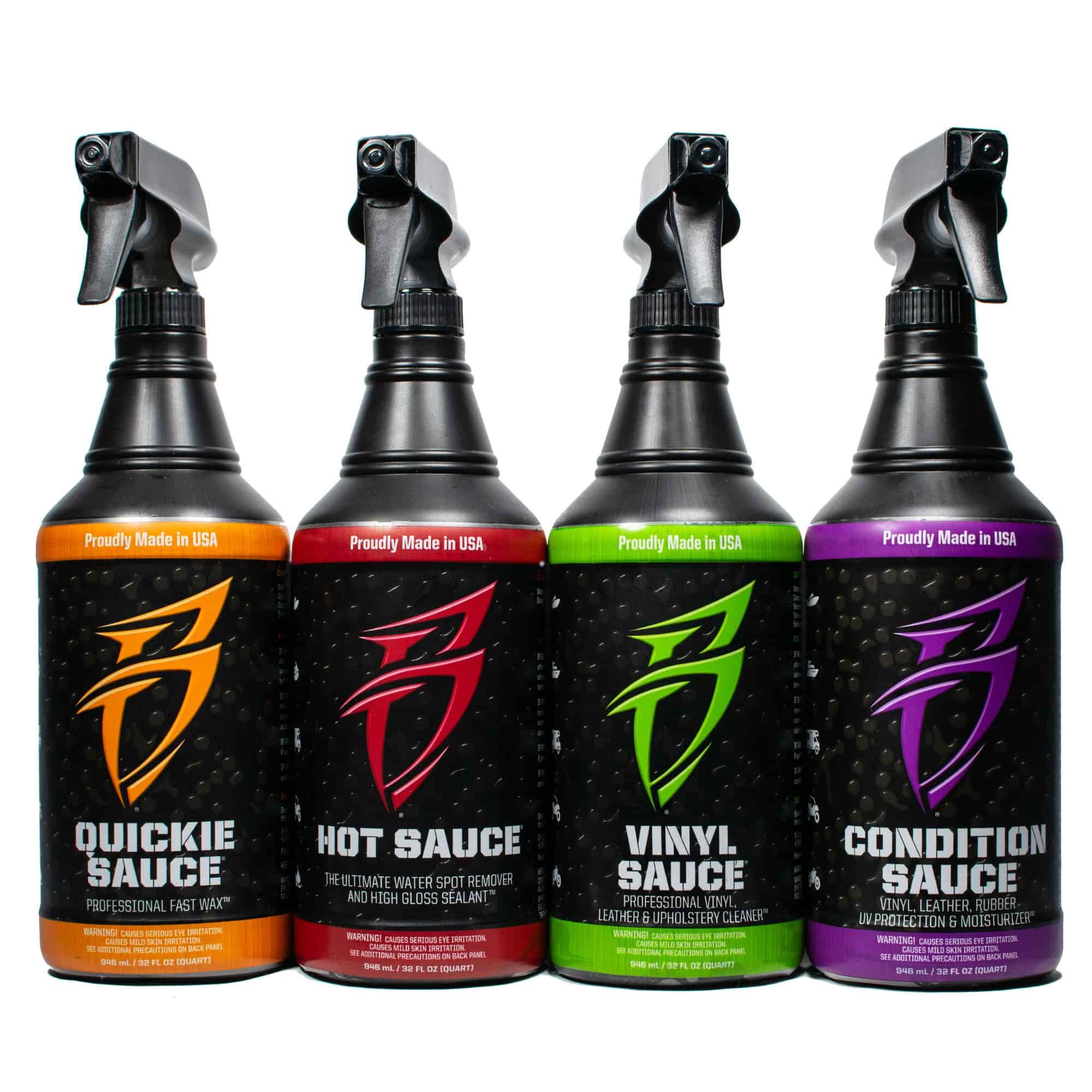 Bling Sauce 4-Pack Kit featuring Quickie Sauce, Hot Sauce, Vinyl Sauce, and Condition Sauce in spray bottles.