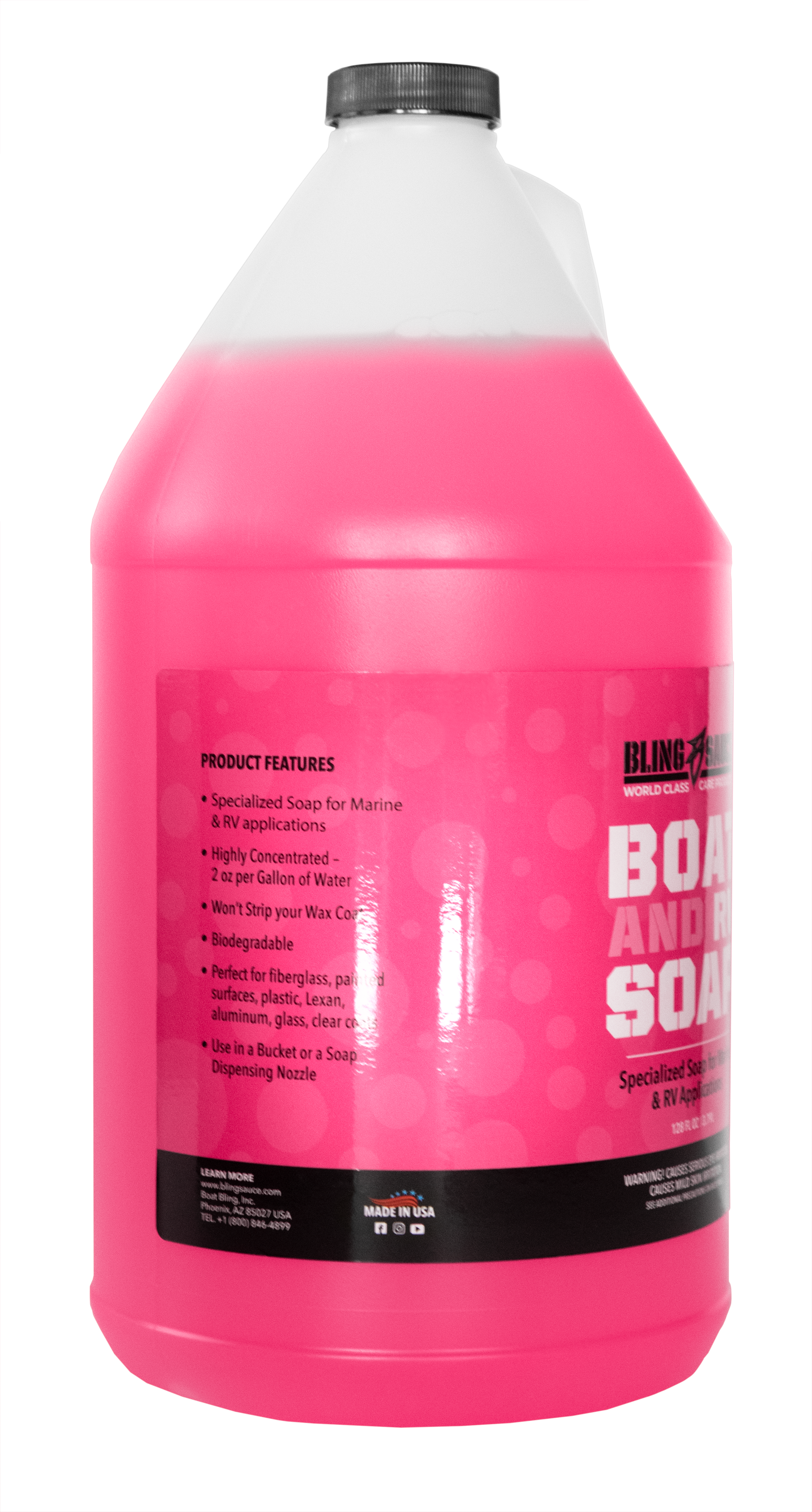 Pink gallon jug of Boat and RV Soap, designed for marine use, featuring a highly concentrated formula for effective cleaning.