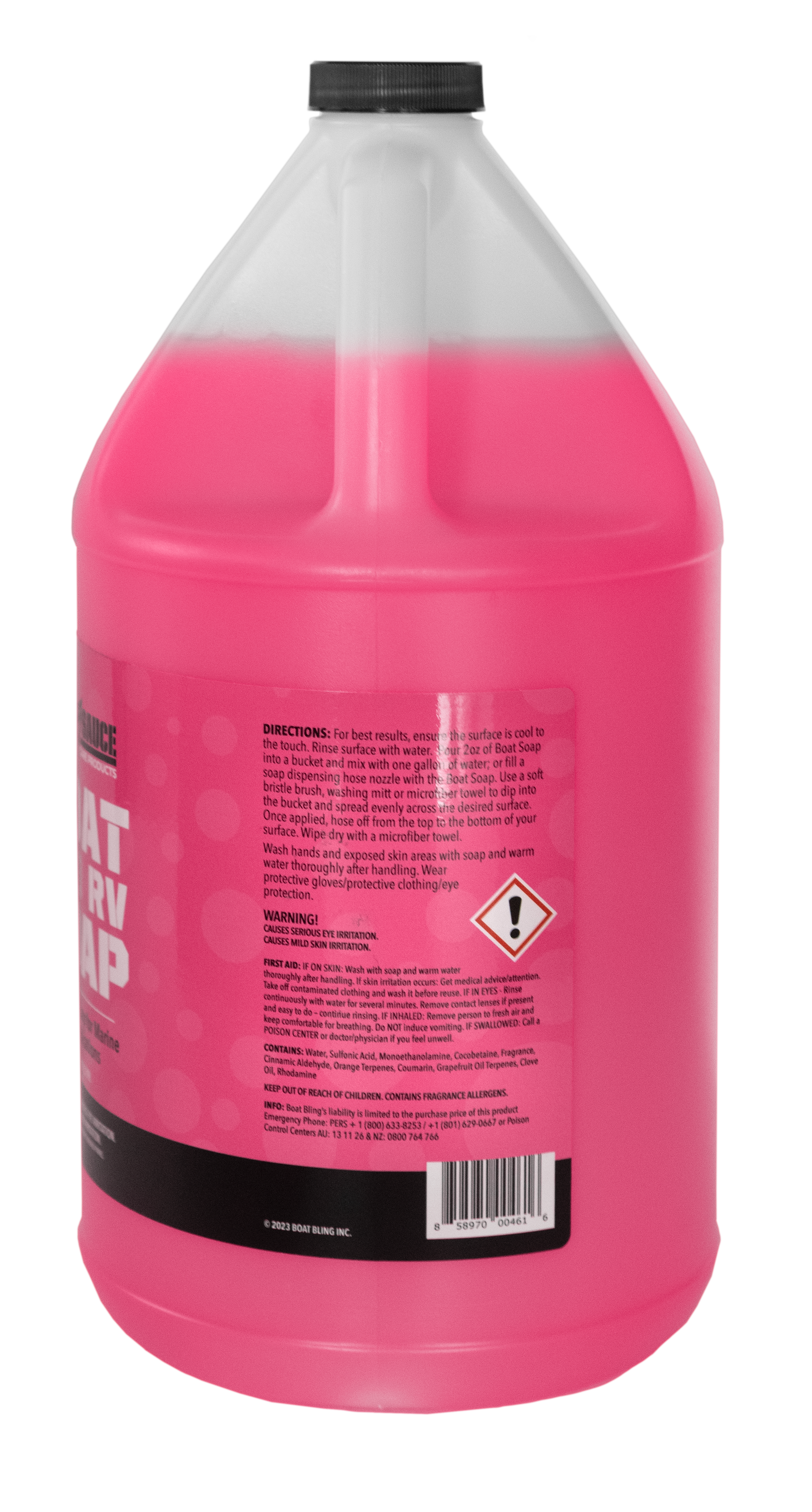 Premium Boat and RV Soap in a pink gallon container, designed for effective cleaning of marine and recreational vehicles.