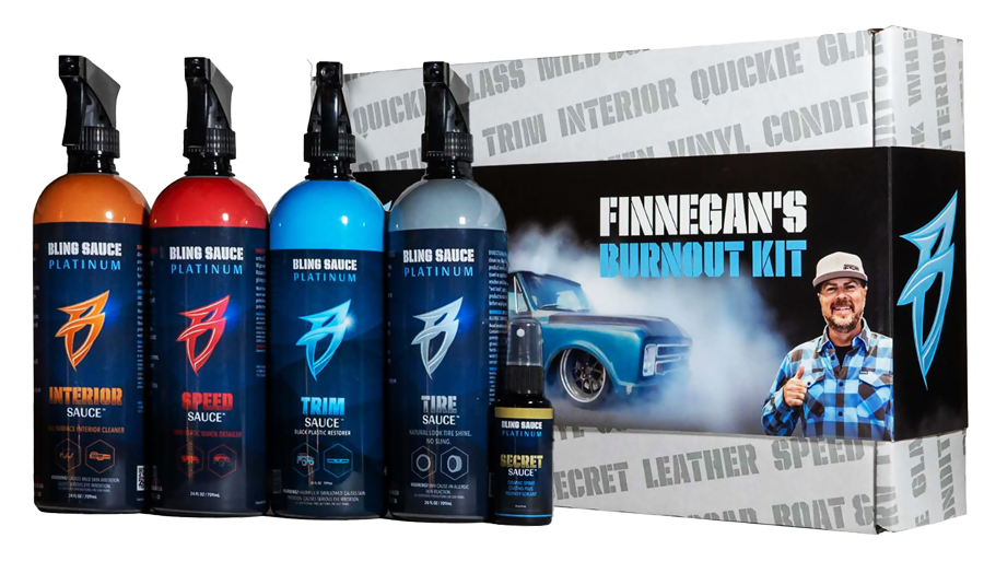 Set of Finnegan's Platinum vehicle detailing sprays and burnout kit with colorful bottles, spray nozzles, and a branded box.