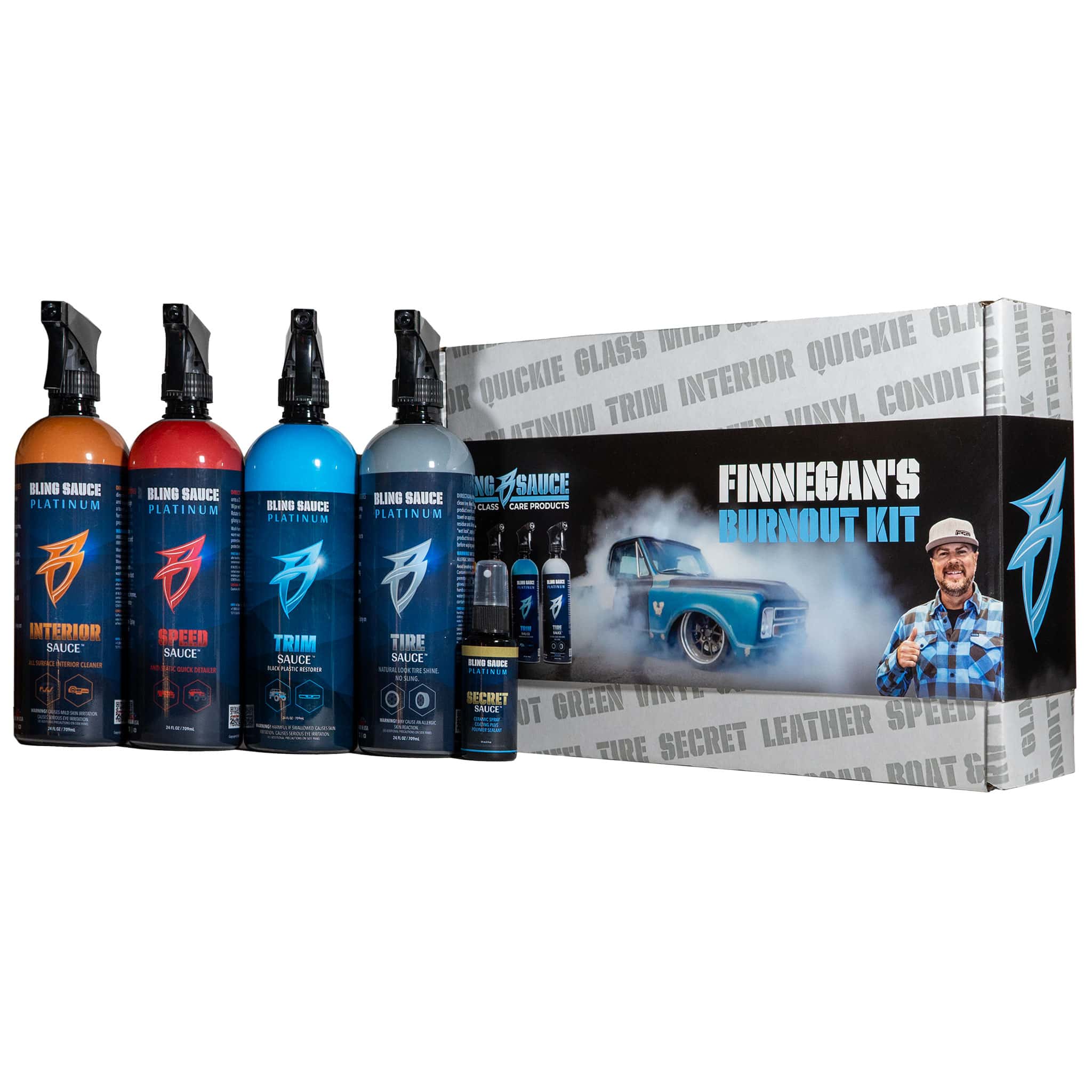 Mike Finnegan's Burnout Kit featuring four detailing sprays in a branded box, ideal for car enthusiasts and detailing.