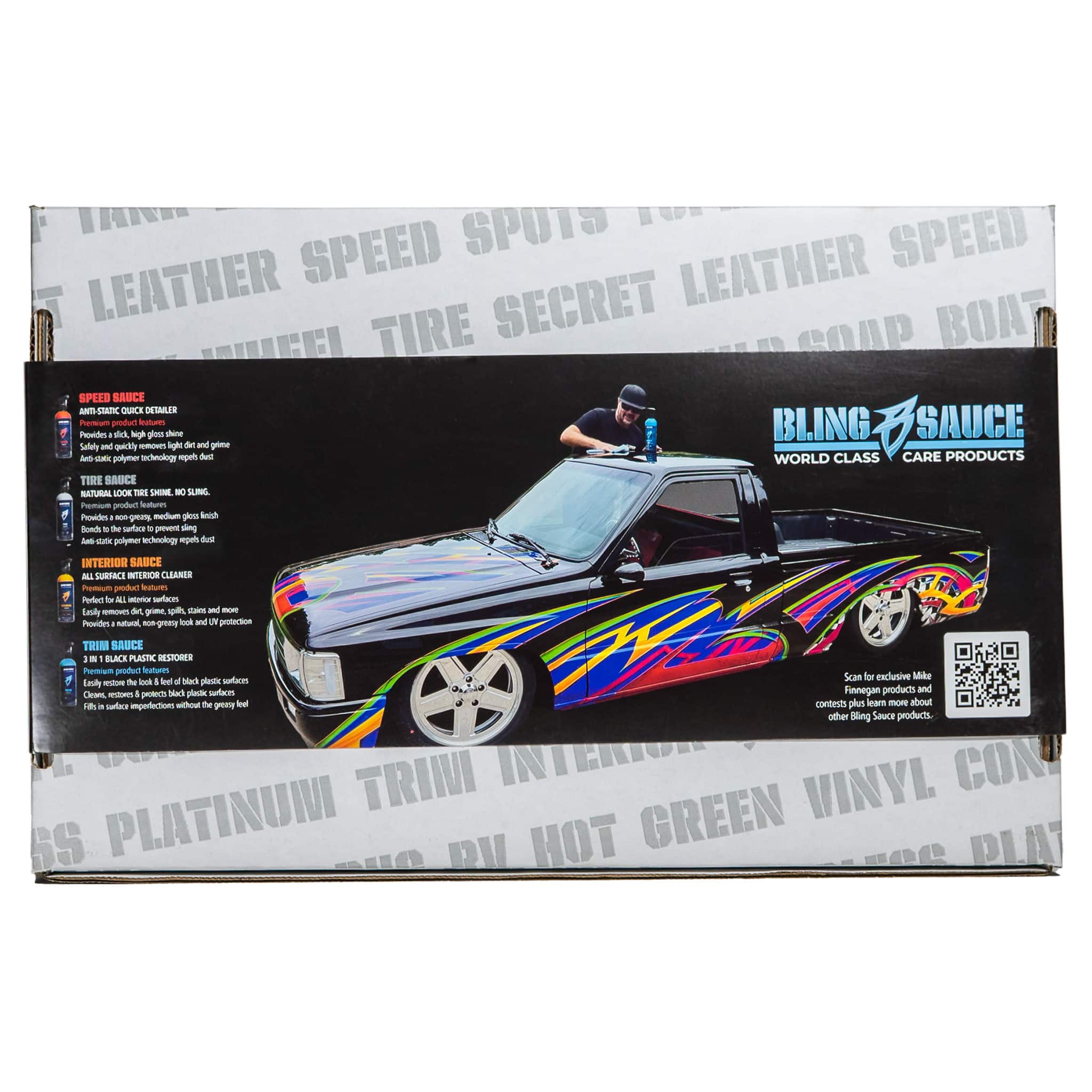 Mike Finnegan's Burnout Kit packaging featuring a colorful truck design and product details for car care.