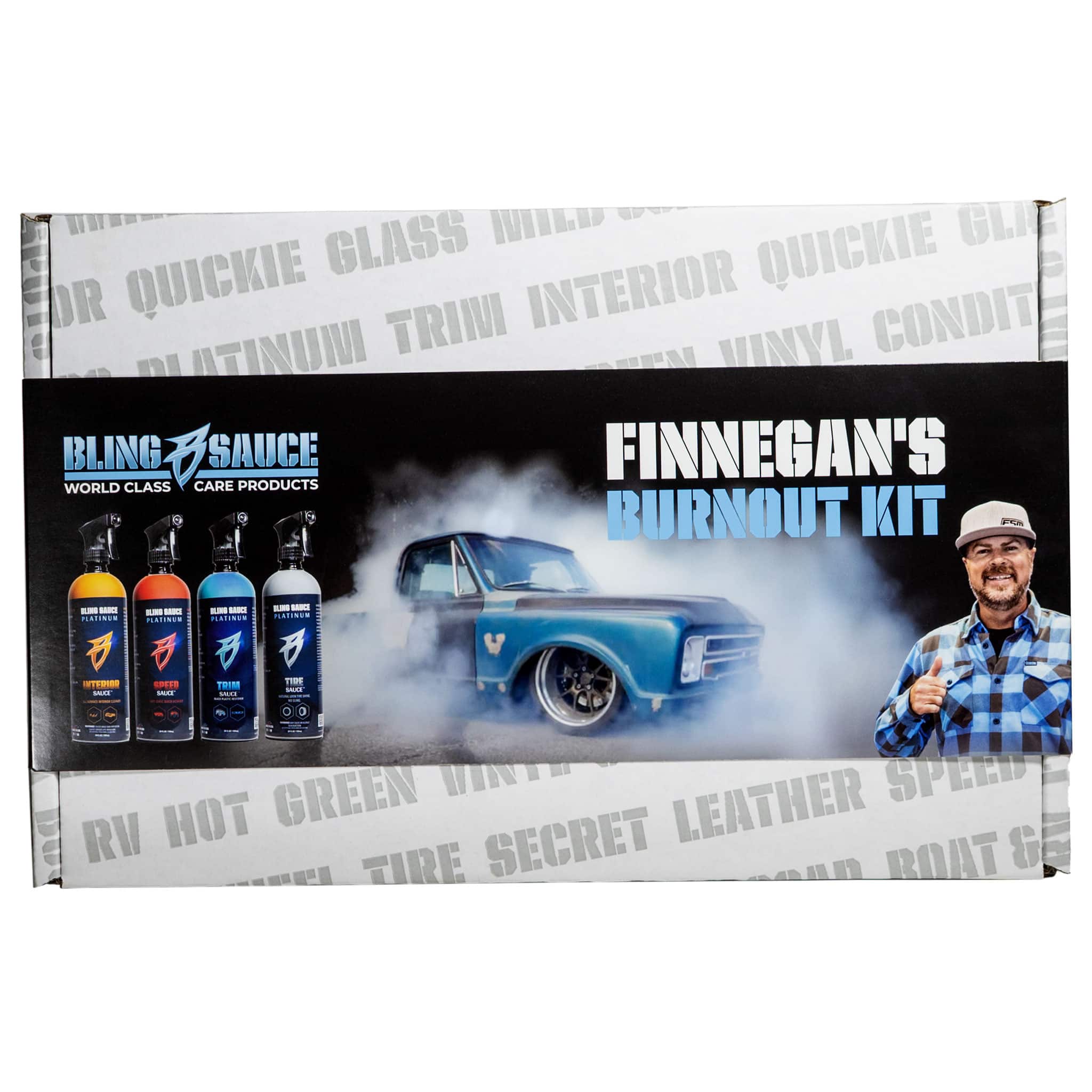 Mike Finnegan's Burnout Kit packaging featuring five bottles of car care products and a smiling man in a plaid shirt.