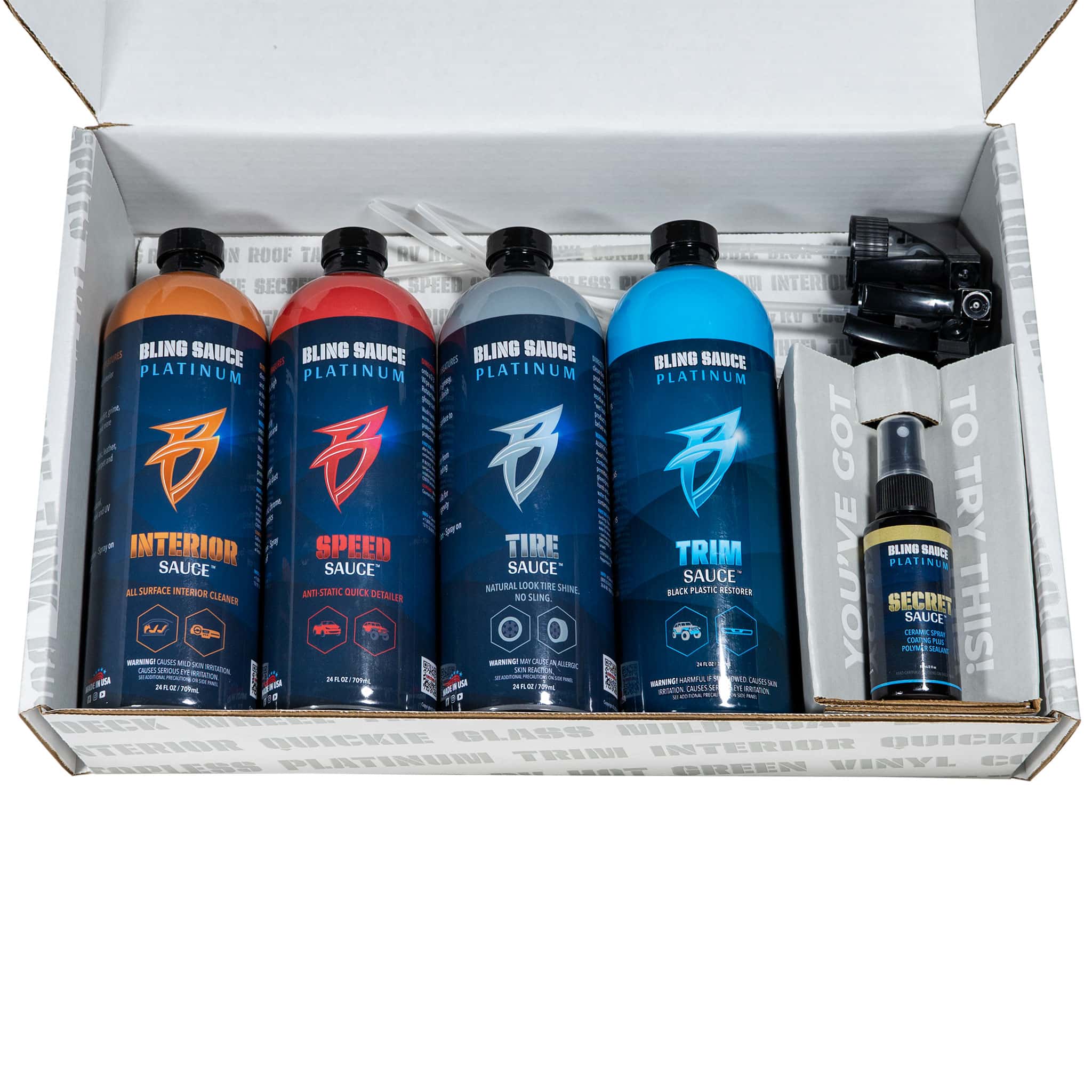Mike Finnegan's Burnout Kit featuring five cleaning products: Interior Sauce, Speed Sauce, Tire Sauce, and a spray bottle.
