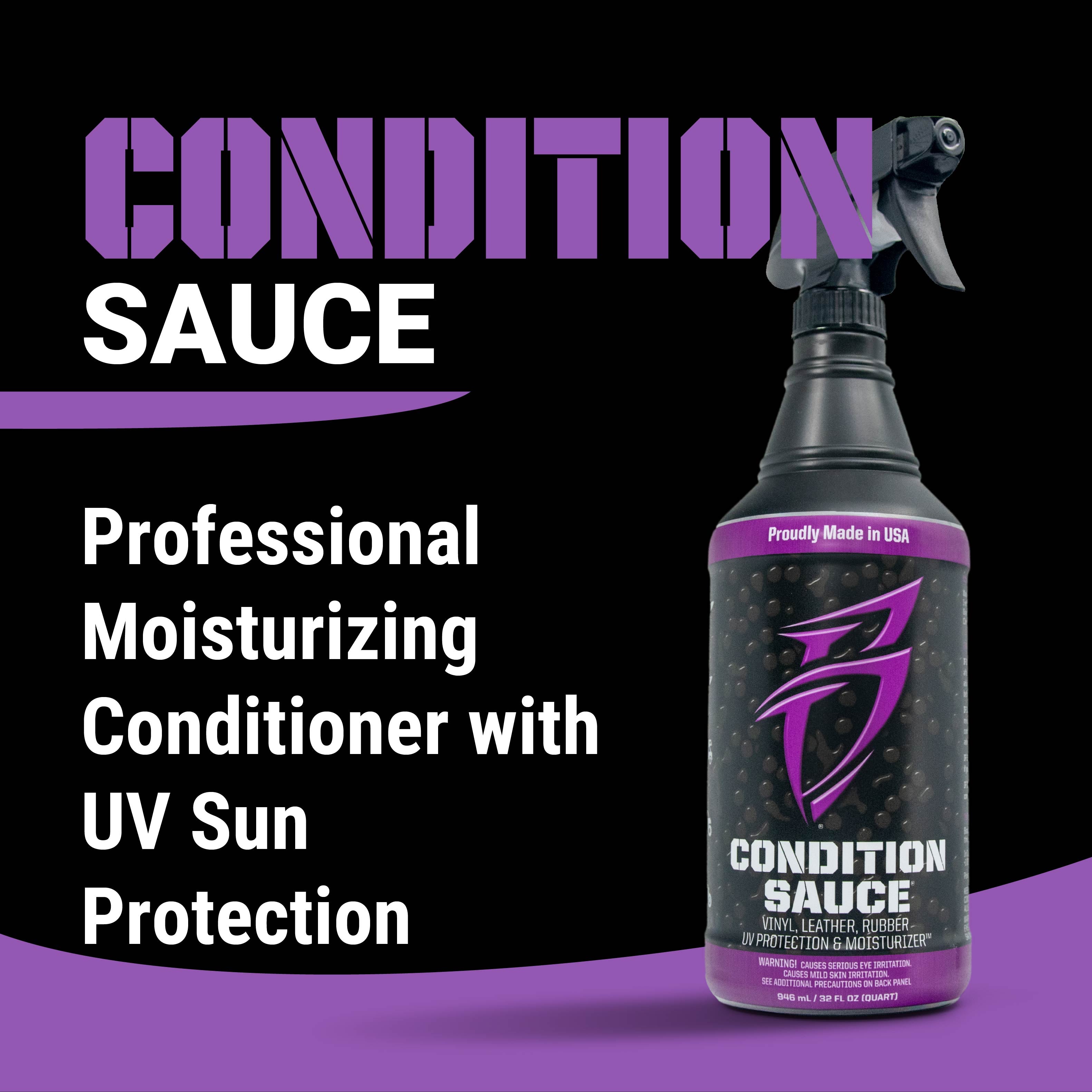 Bottle of Condition Sauce, a professional moisturizing conditioner for vinyl, leather, and rubber with UV protection.