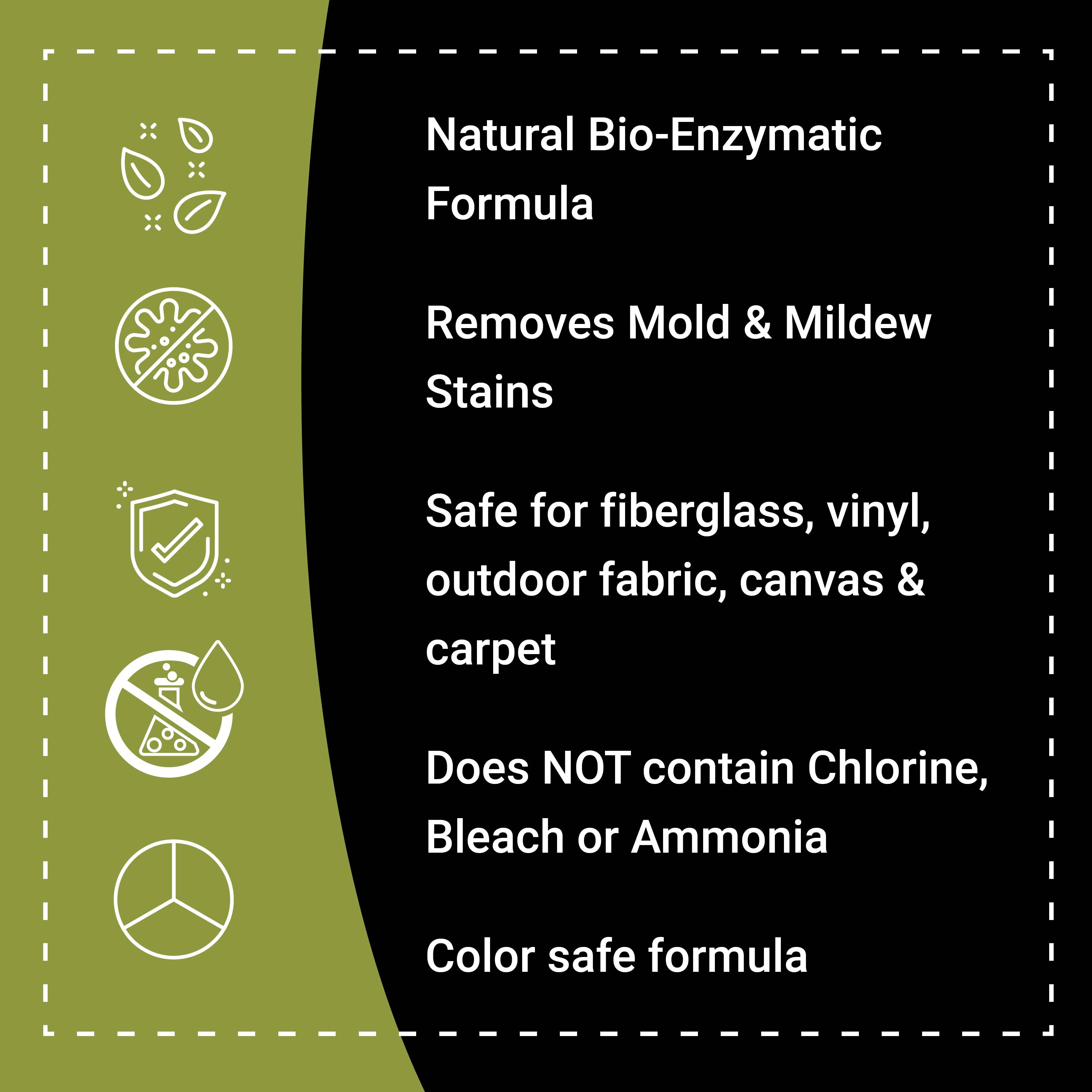 Natural bio-enzymatic cleaner for removing mold and mildew stains from various surfaces without harsh chemicals.
