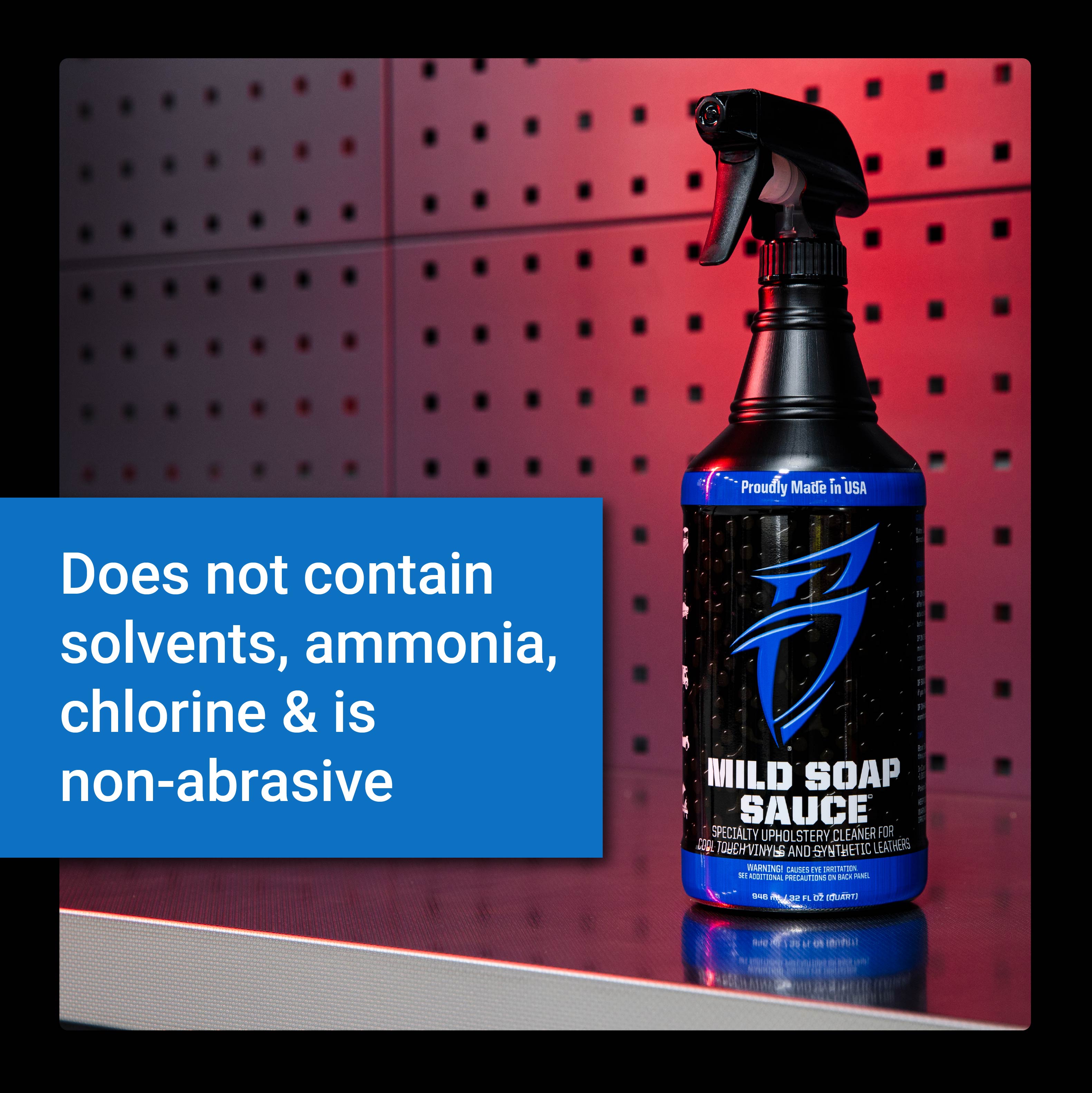 Mild Soap Sauce bottle on a textured background, highlighting its non-abrasive, solvent-free formula for gentle cleaning.