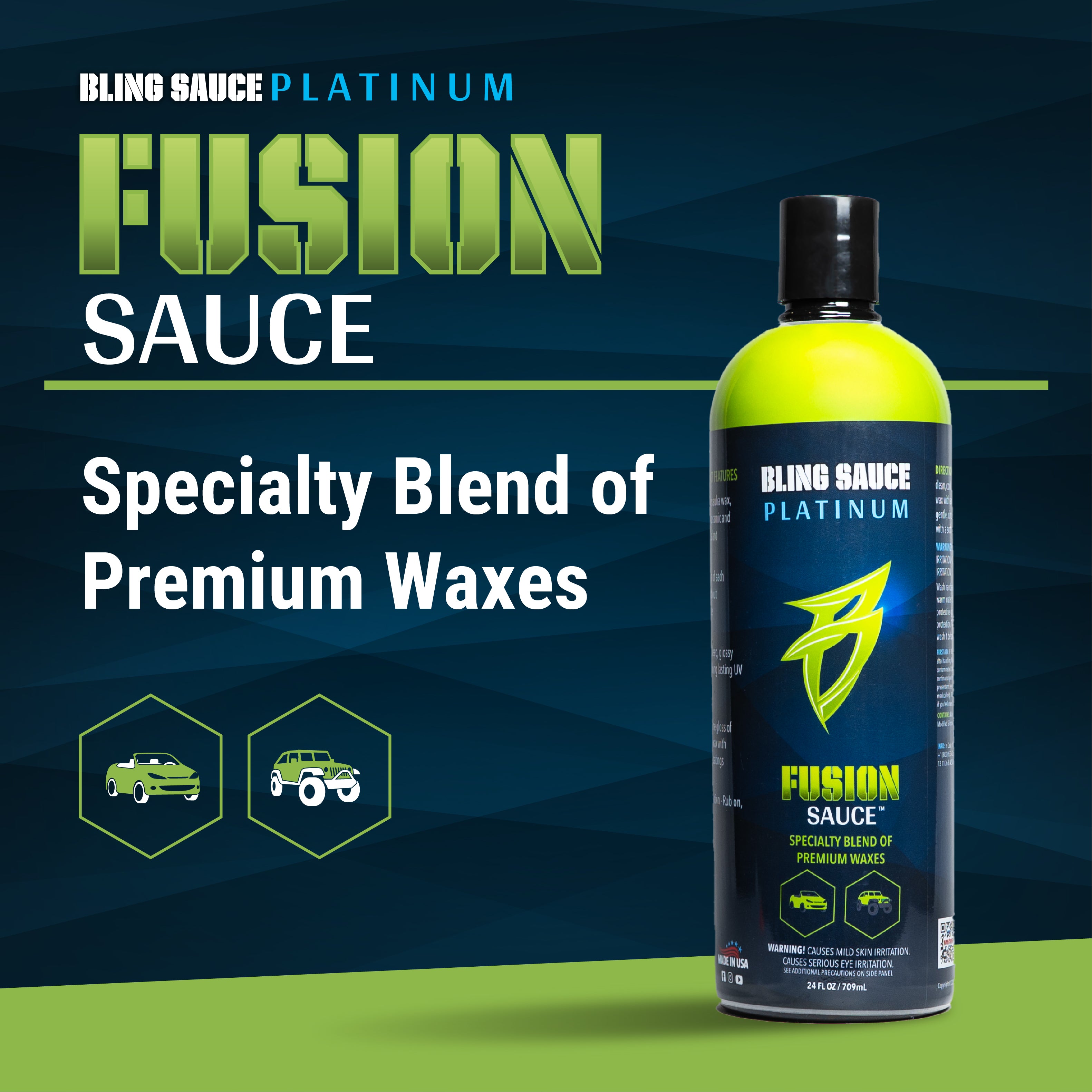 Premium Fusion Sauce wax blend for superior vehicle shine and protection, ideal for cars, trucks, and powersports.