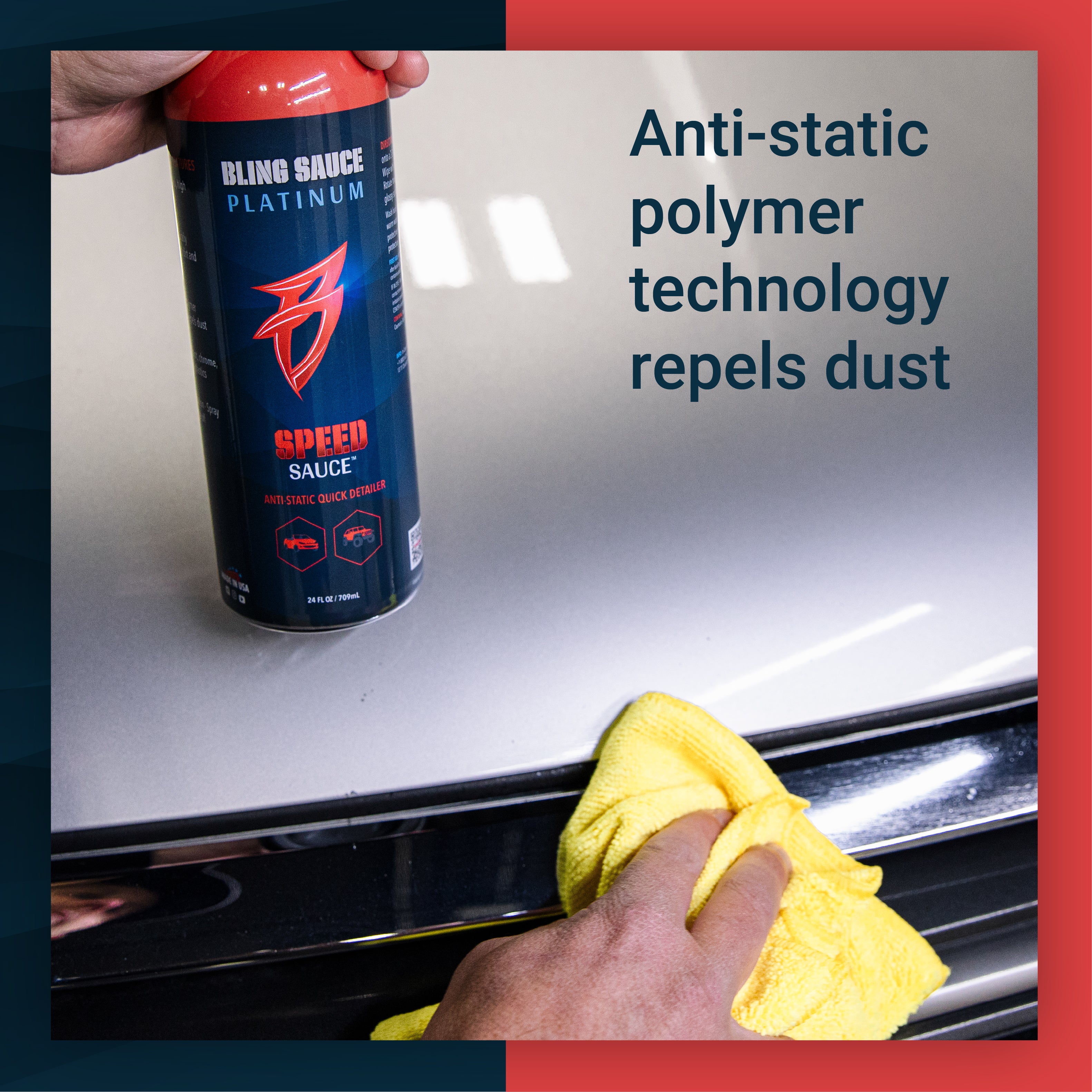 A person applies Speed Sauce with a yellow cloth to a car surface, showcasing its anti-static polymer technology that repels dust.