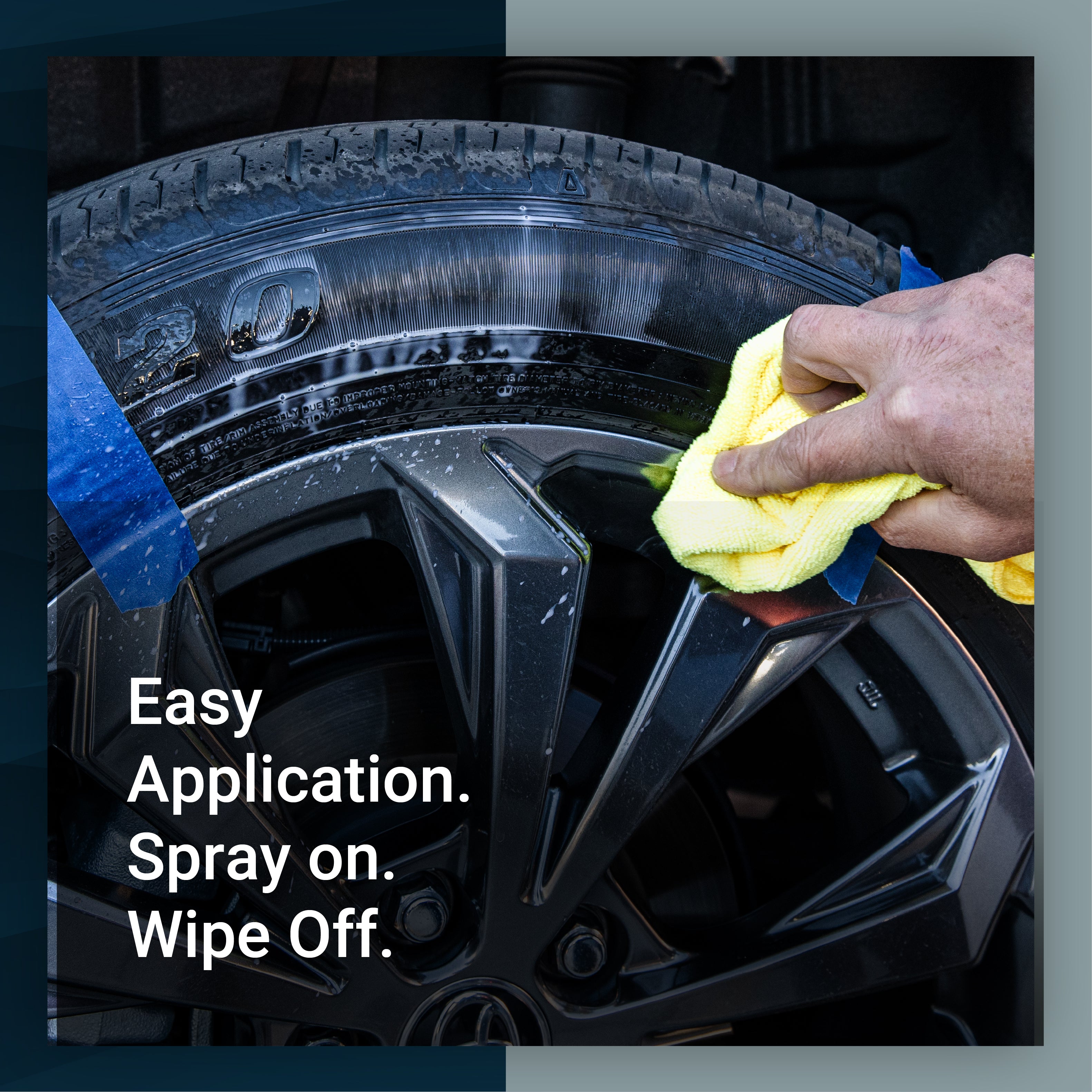 Tire Sauce application process showing a hand spraying product on a tire and wiping it with a microfiber cloth.