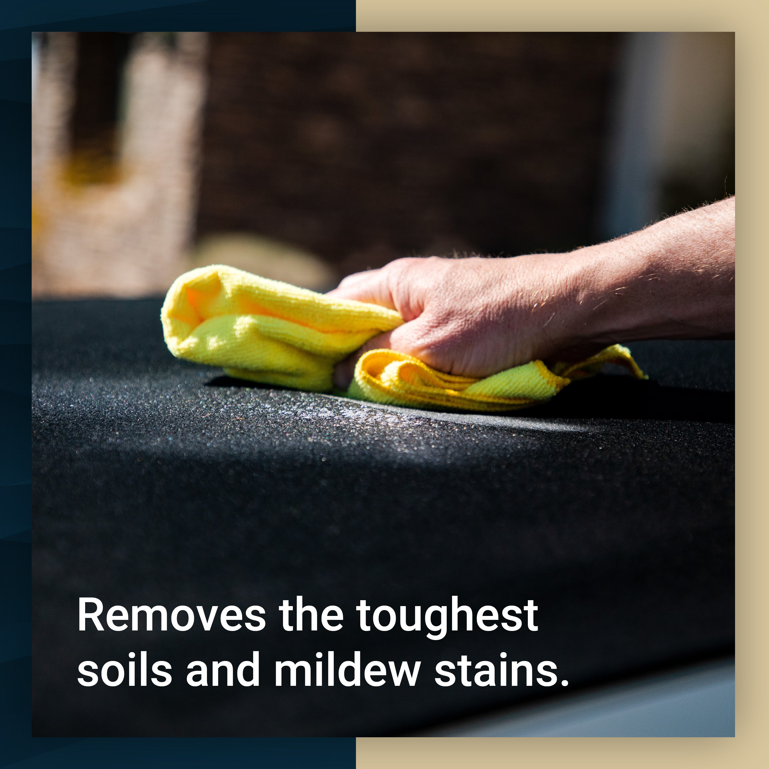 Hand using a microfiber cloth to clean a vehicle surface, effectively removing tough soils and mildew stains.