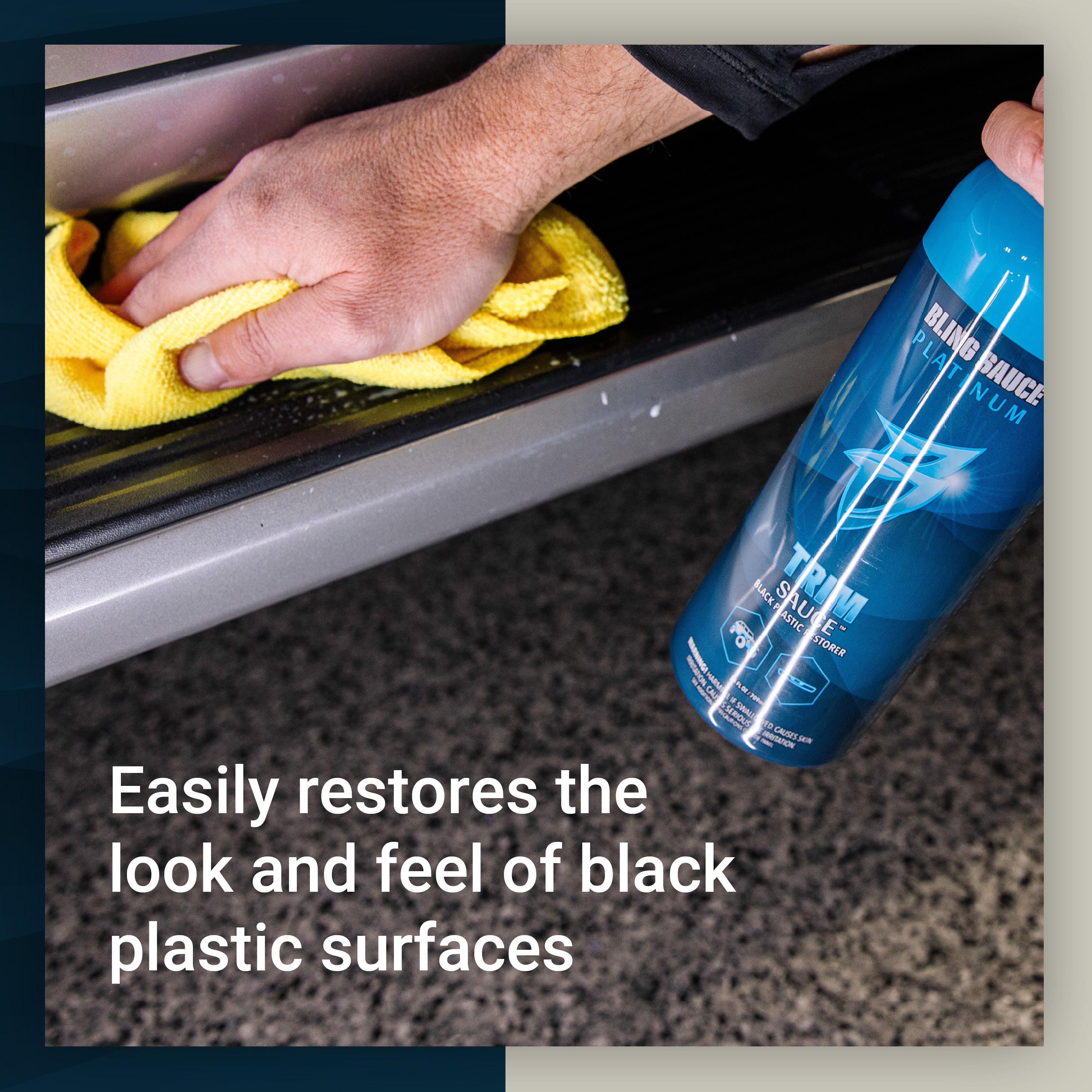 Hand applying Trim Sauce to restore black plastic surfaces, showcasing its effectiveness for vehicle detailing.