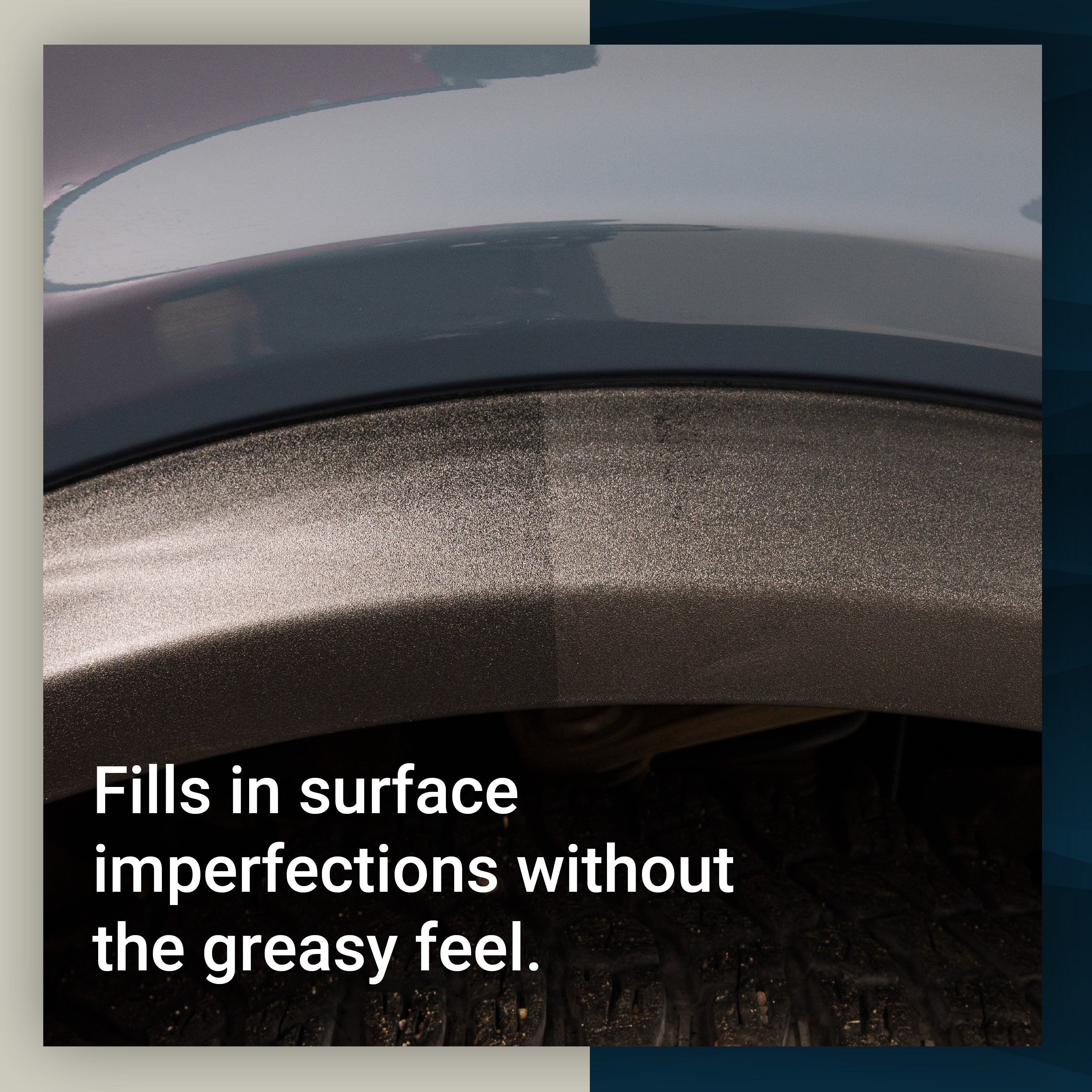 Close-up of a vehicle's trim showing Trim Sauce filling surface imperfections for a smooth, non-greasy finish.