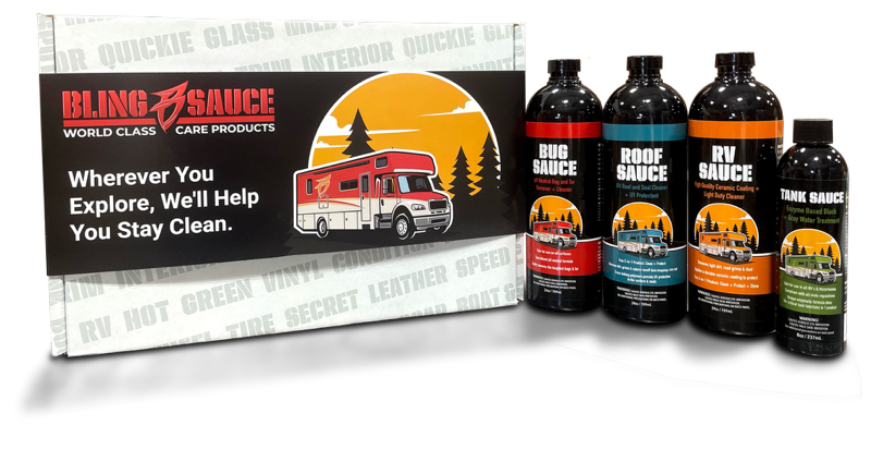 RV Essentials Kit featuring four cleaning products for maintaining RVs, packaged in a branded box.