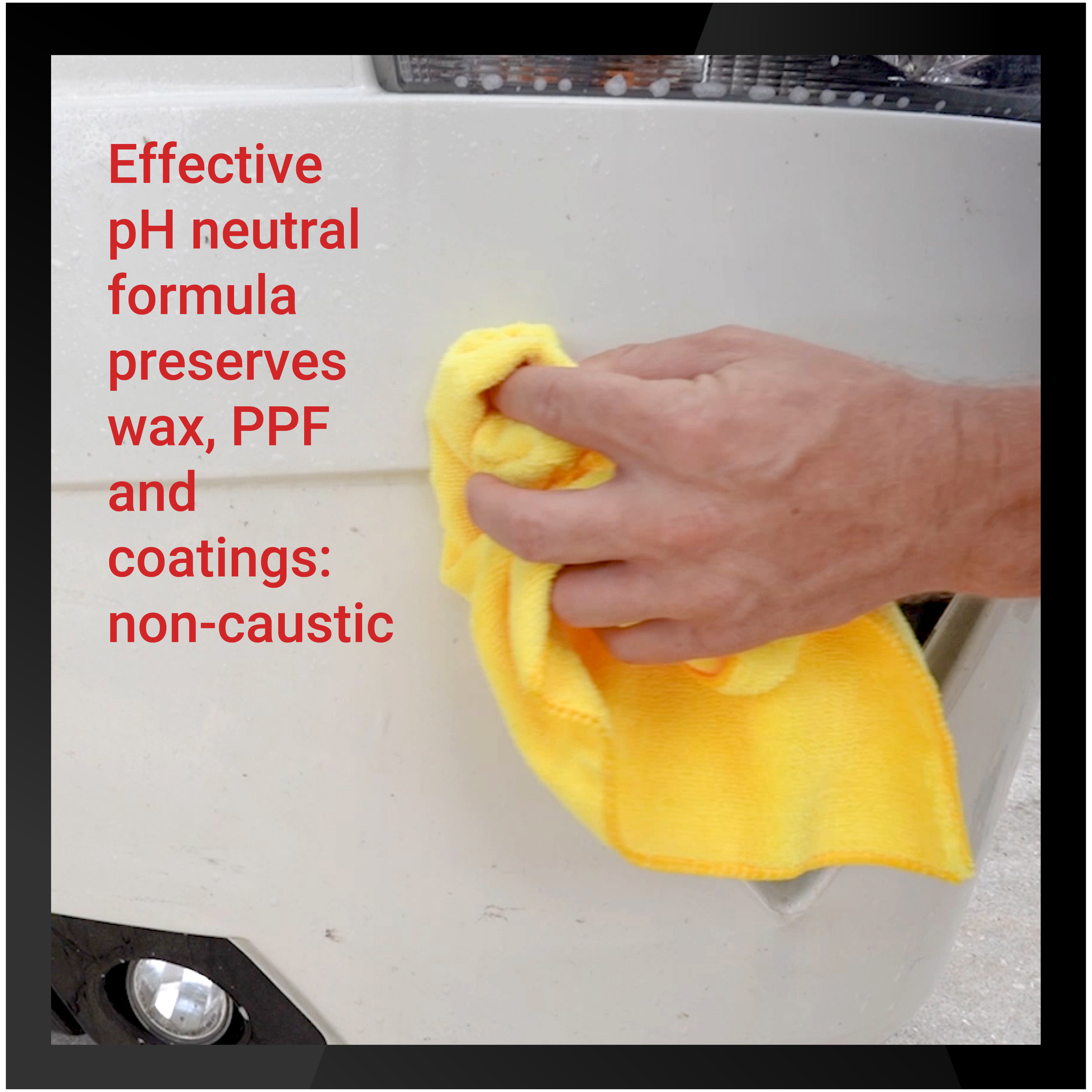 A person using a yellow microfiber cloth to apply Bug Sauce on a vehicle's surface, highlighting its pH neutral formula.
