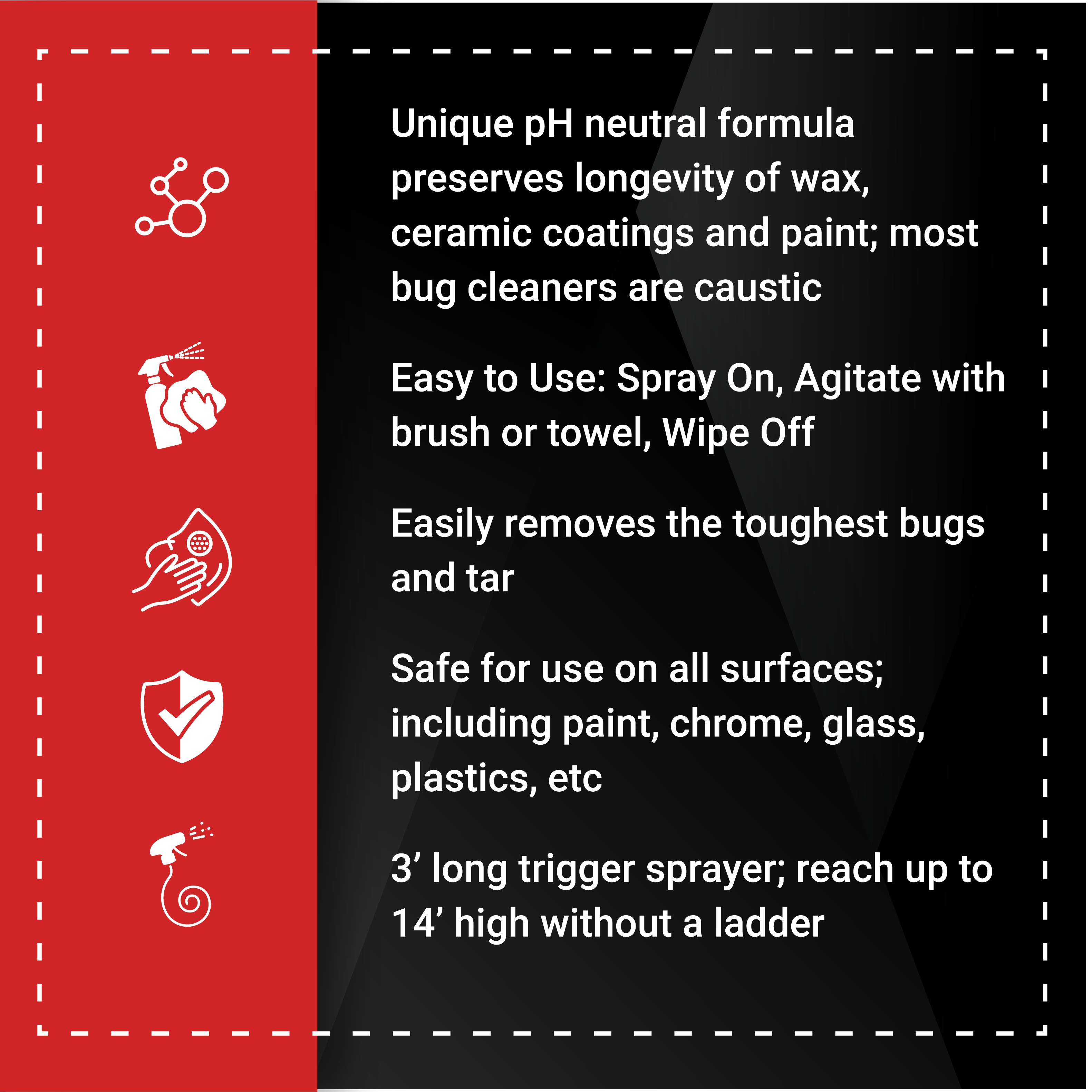 Bug Sauce product features a pH neutral formula for safe bug removal on all surfaces, easy application, and a 3-foot trigger sprayer.