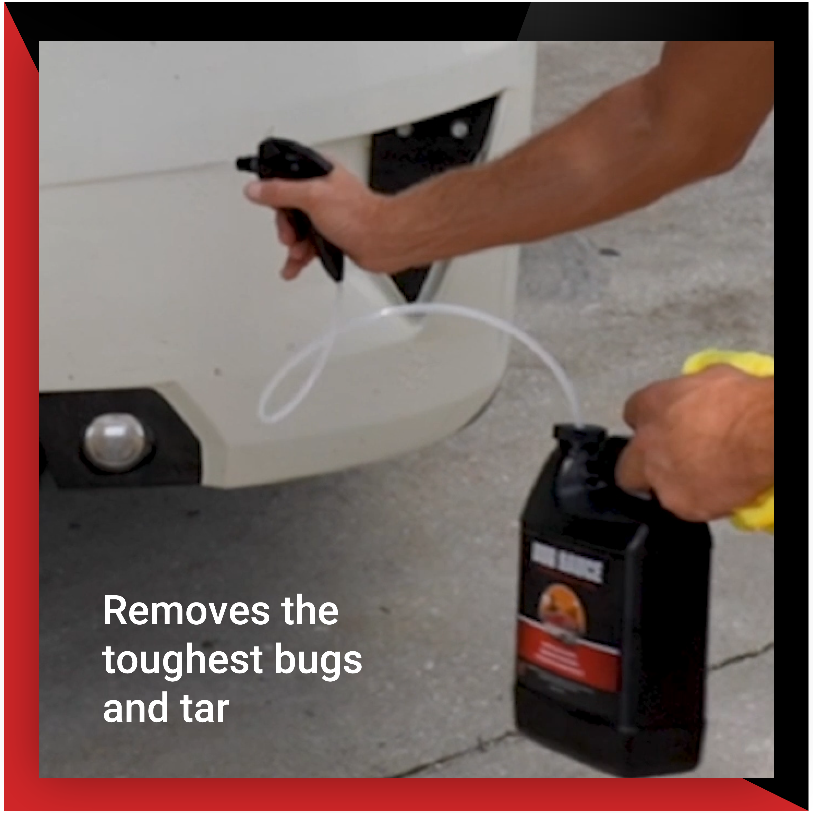 A person using Bug Sauce spray on a vehicle's front to effectively remove tough bugs and tar.