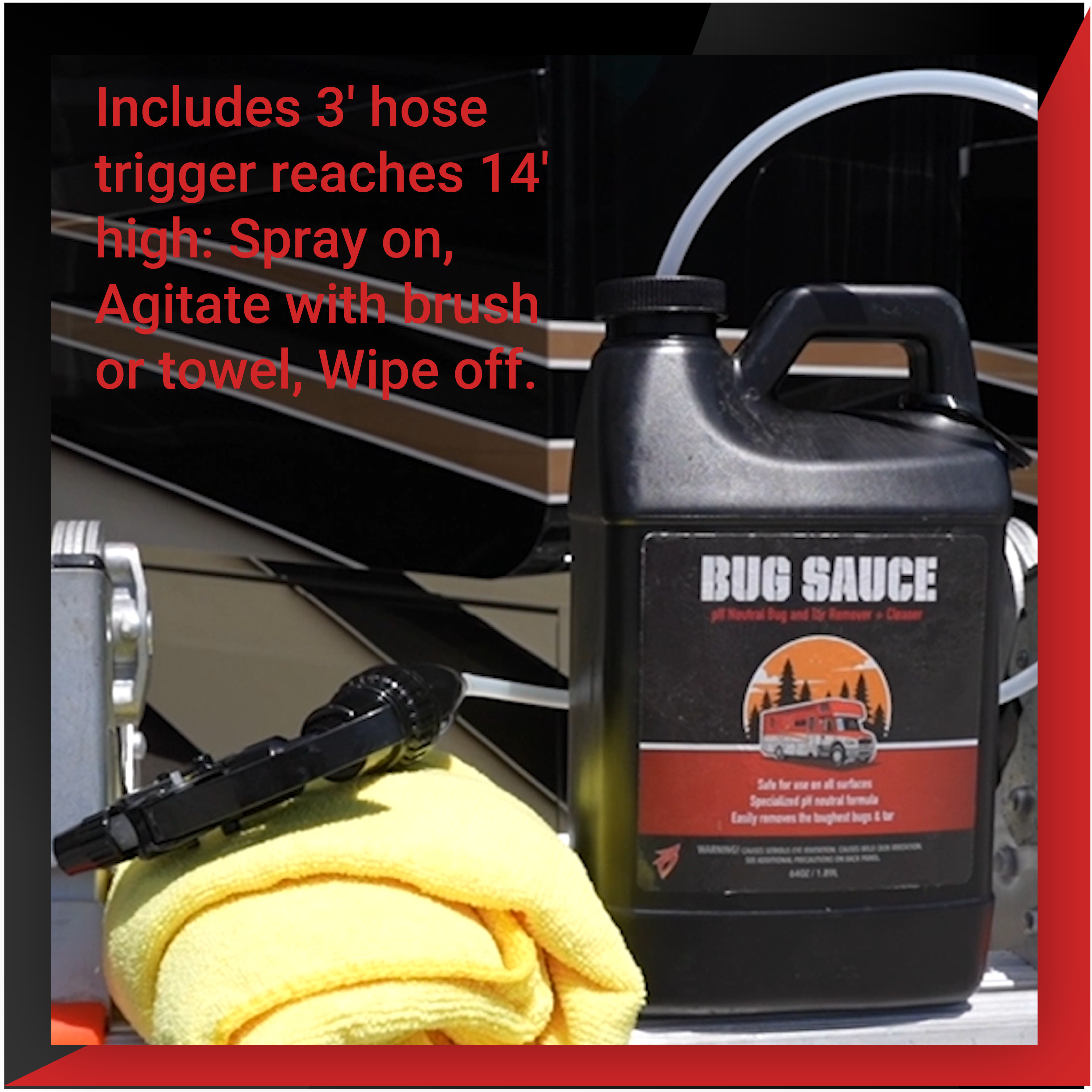 Bug Sauce vehicle cleaner in a black jug with a spray trigger and yellow towel, designed for easy bug removal.