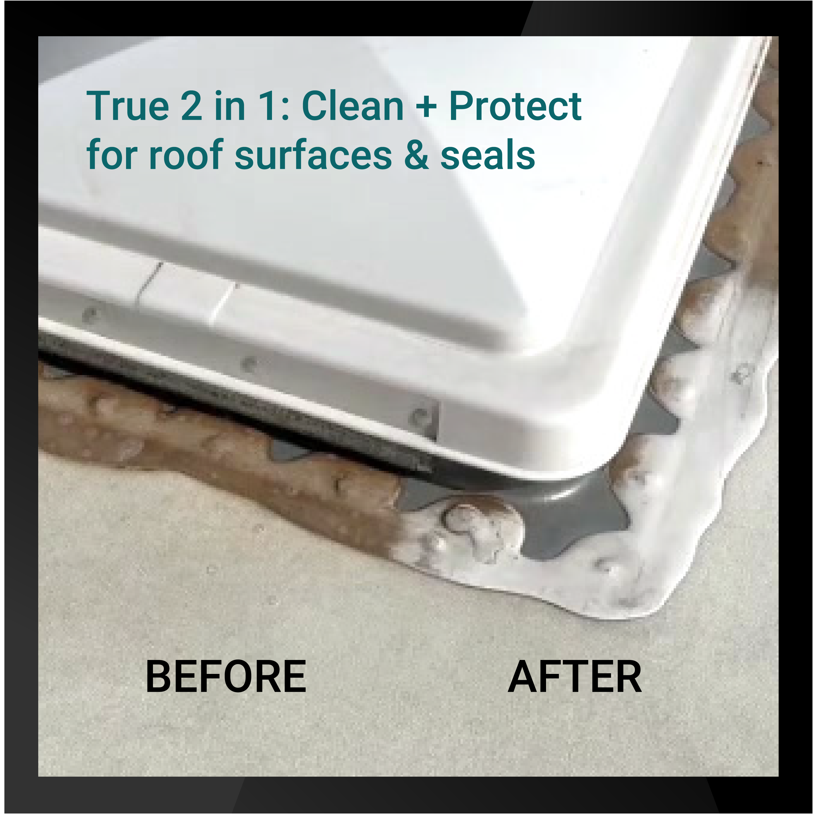 Roof Sauce 2 in 1 product shown on roof surface, demonstrating cleaning and protection results before and after application.