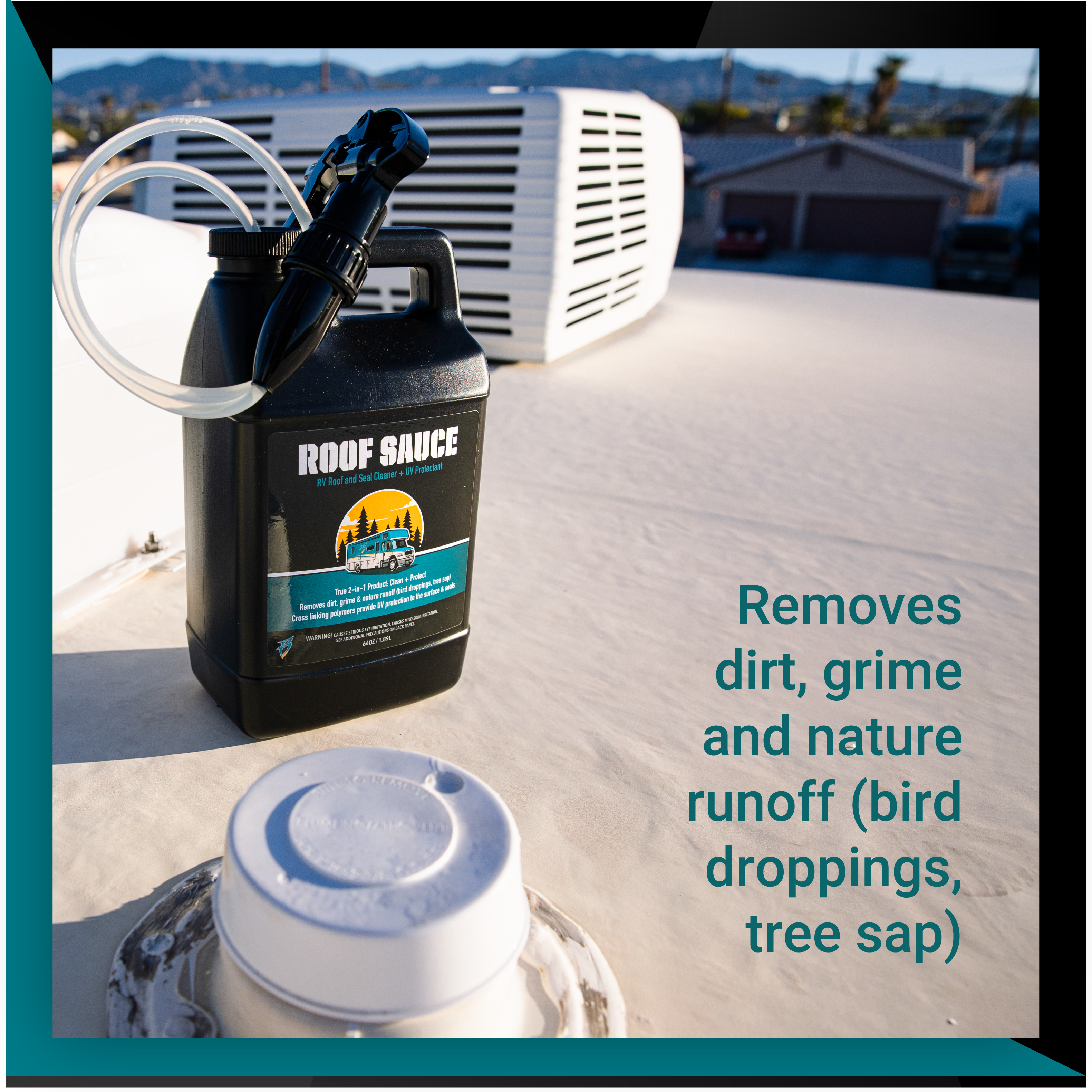 Premium Roof Sauce container on a rooftop, designed to remove dirt, grime, and nature runoff from surfaces.