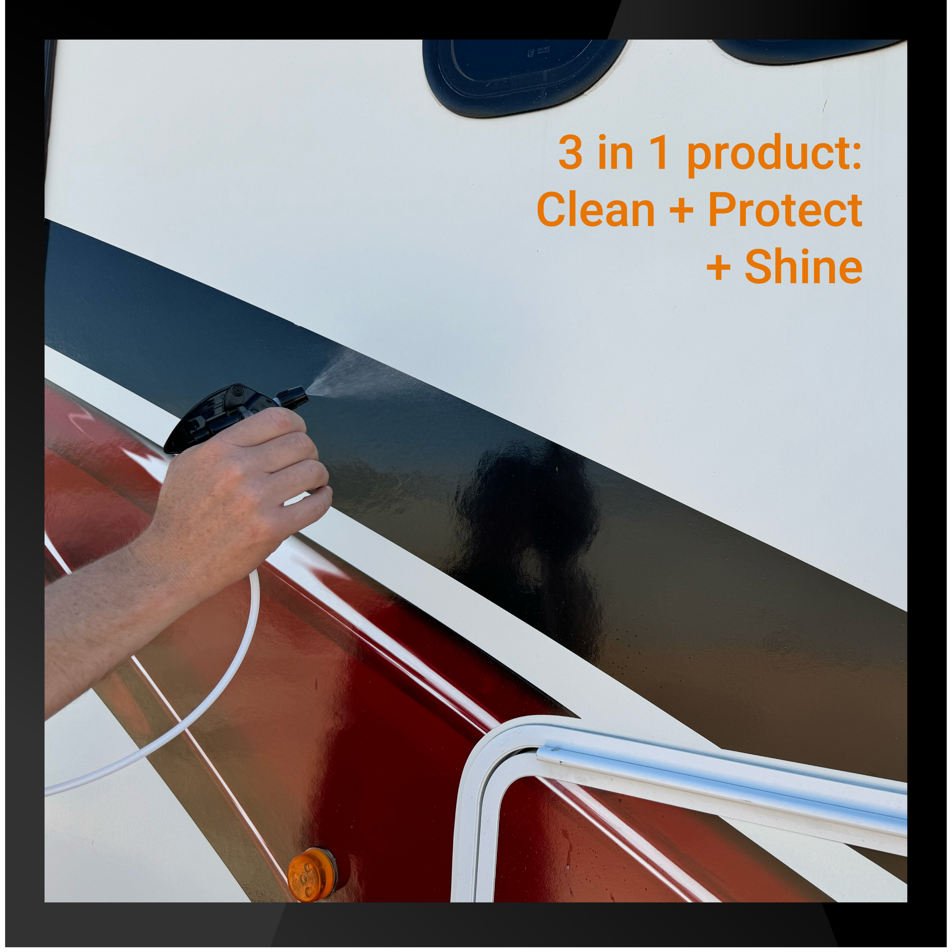 Hand spraying RV Sauce on an RV surface, showcasing its 3-in-1 cleaning, protecting, and shining capabilities.