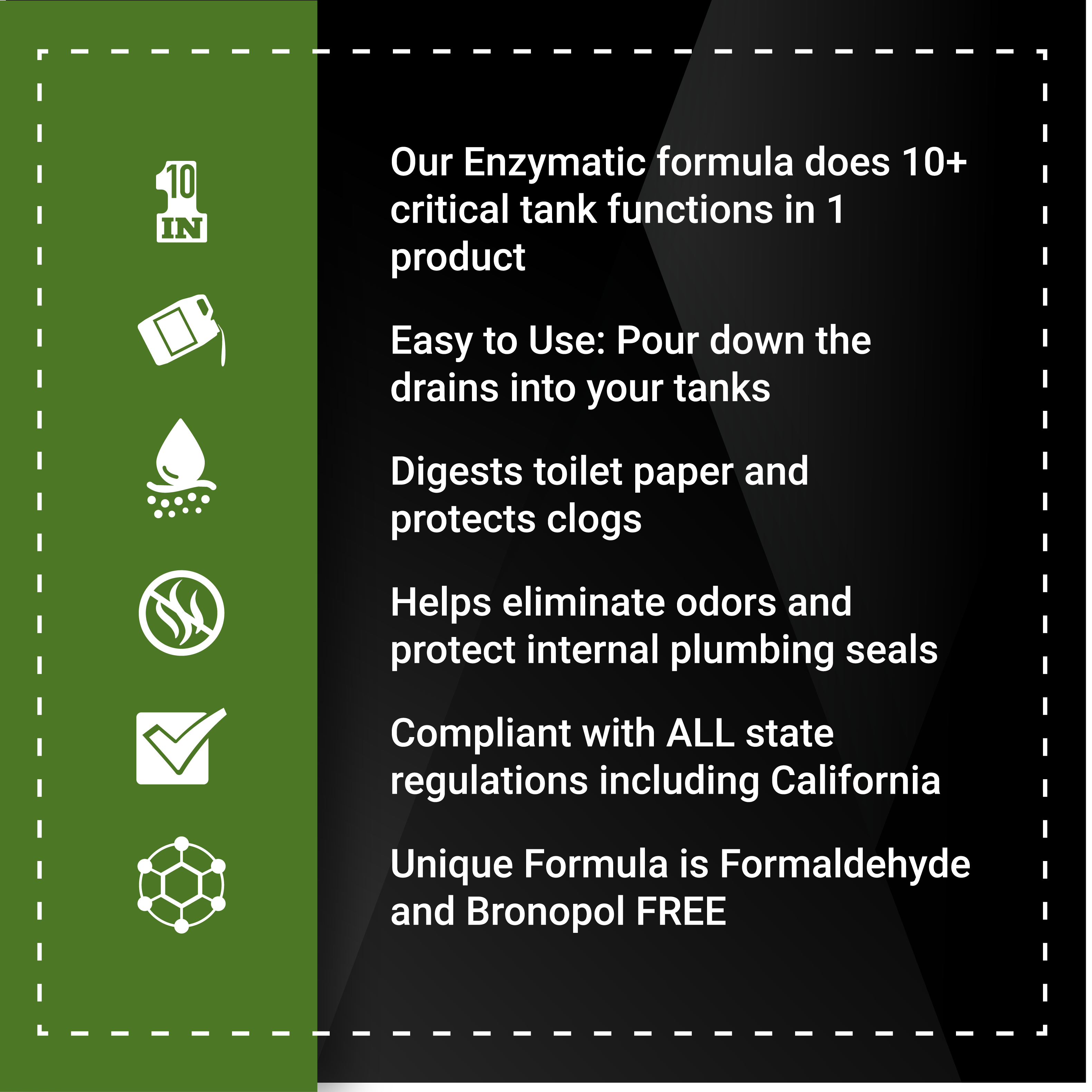 Enzymatic formula for tanks that digests waste, eliminates odors, and protects plumbing seals while being eco-friendly.