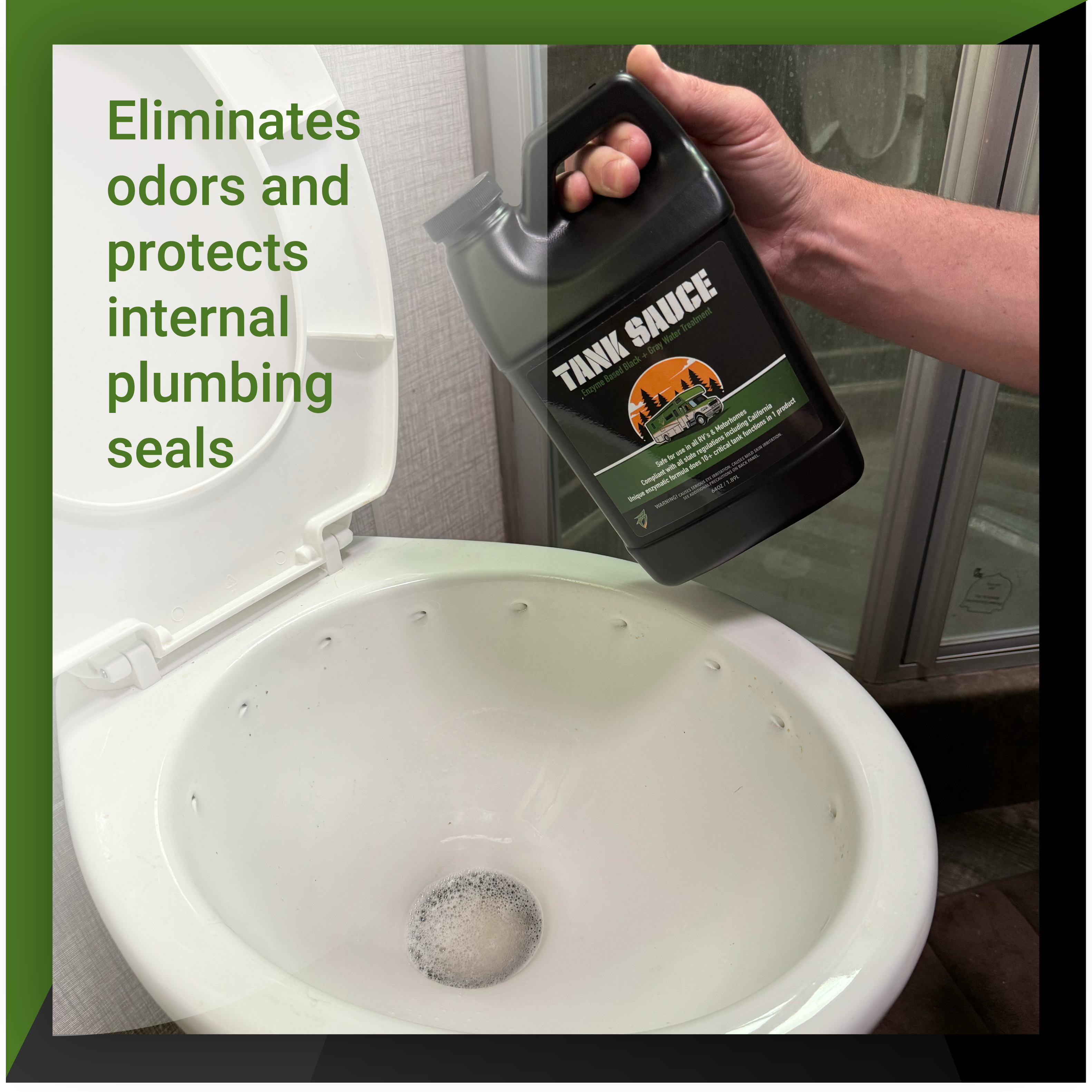 Tank Sauce effectively eliminates odors and protects plumbing seals, shown being held above a toilet.
