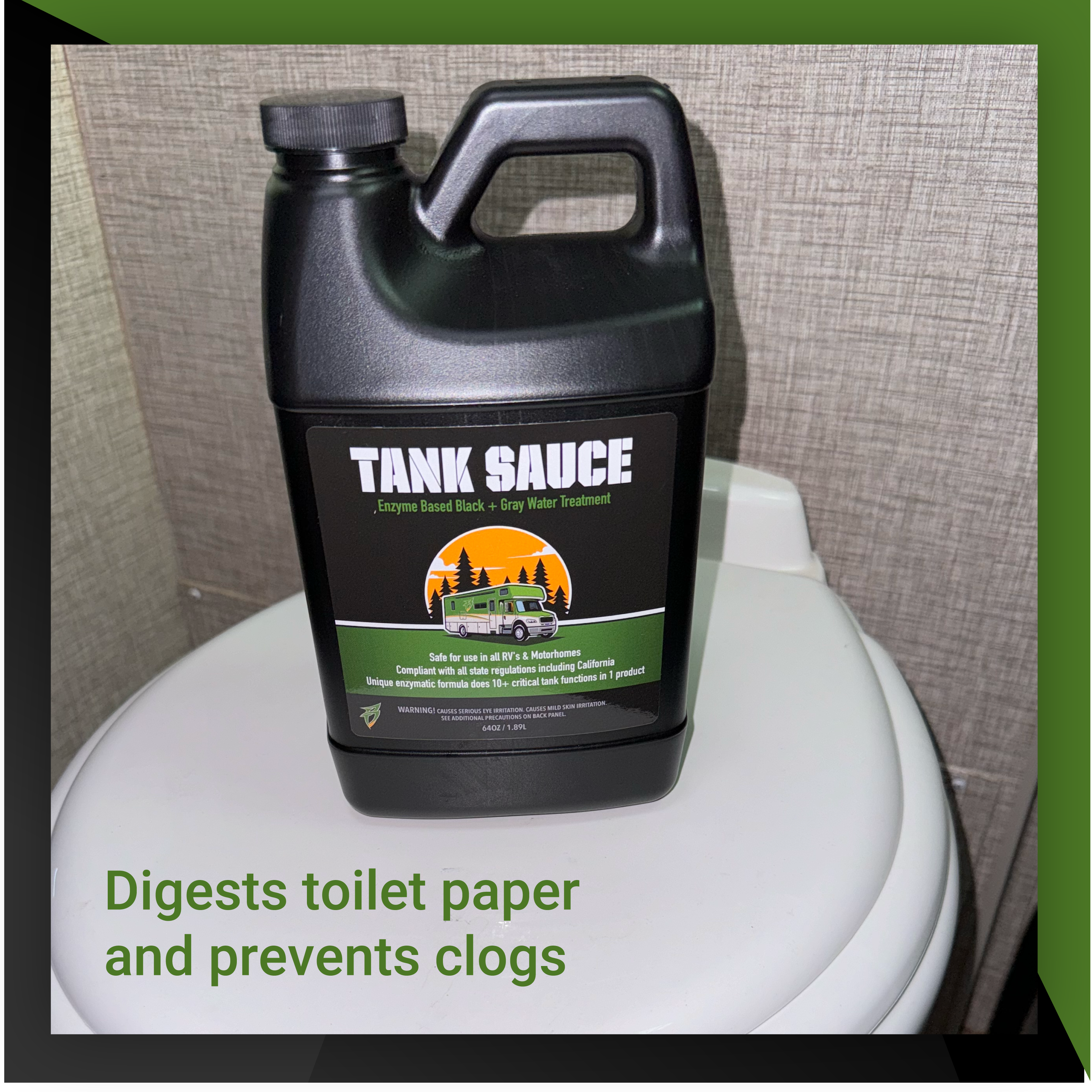 Bottle of Tank Sauce enzyme-based gray water treatment for digesting toilet paper and preventing clogs, placed on a toilet.