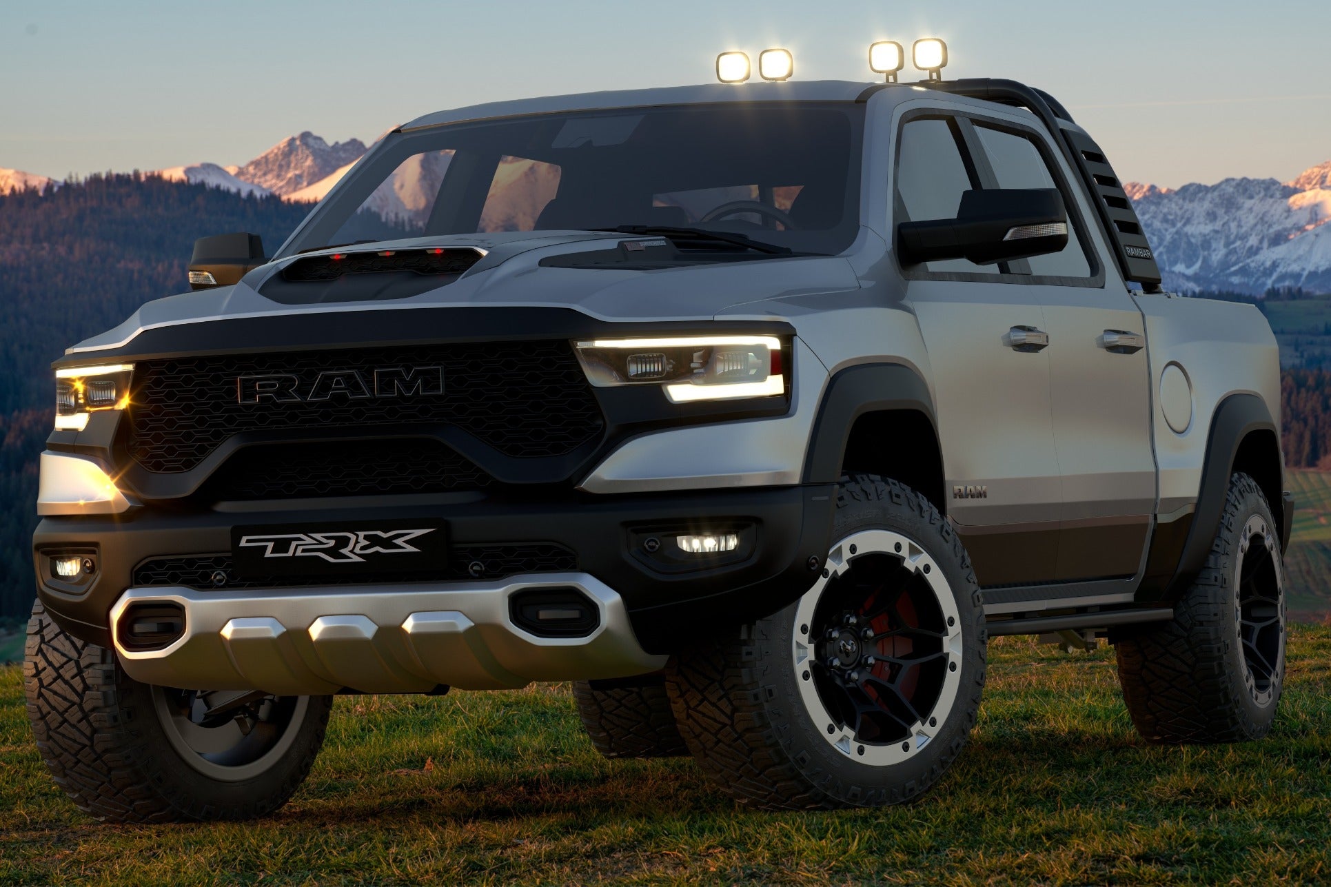 Close-up of a rugged, white RAM TRX pickup truck with black accents, off-road tires, and rooftop lights, set against mount...