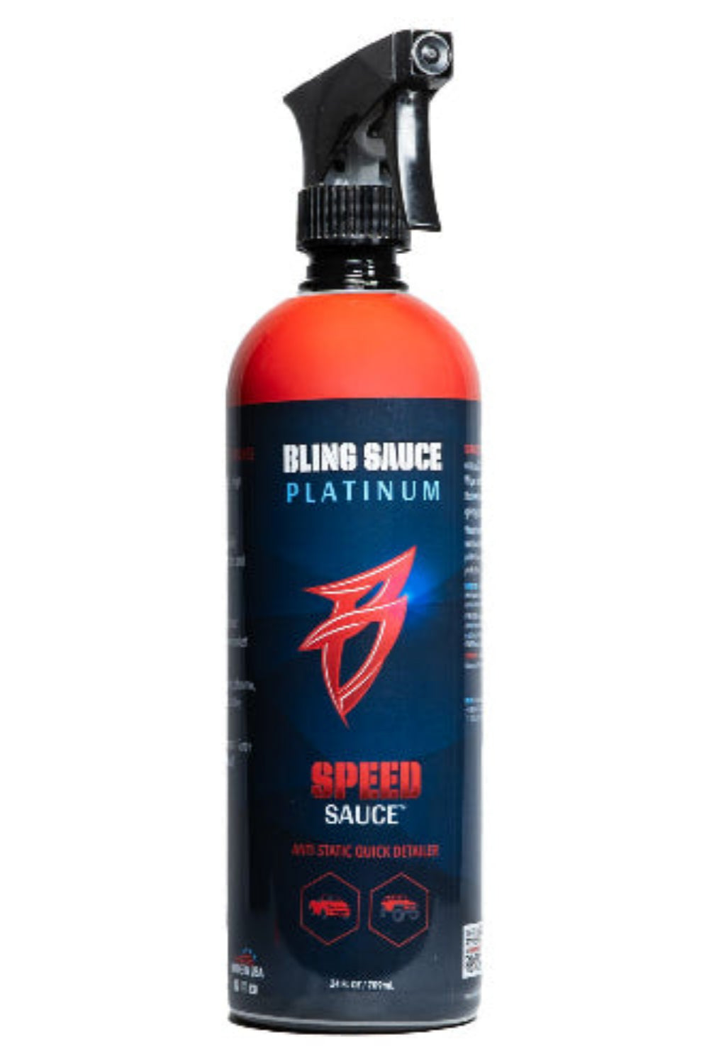 Bling Sauce Speed Sauce spray bottle with a sleek design, featuring a red and black label for quick detailing.