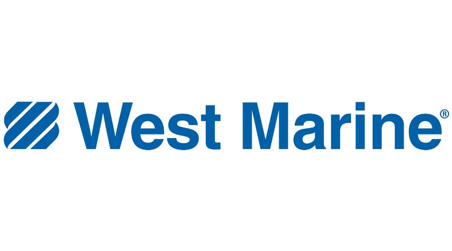 West Marine logo in blue text with a stylized wave icon on a white background, representing premium marine and vehicle car...
