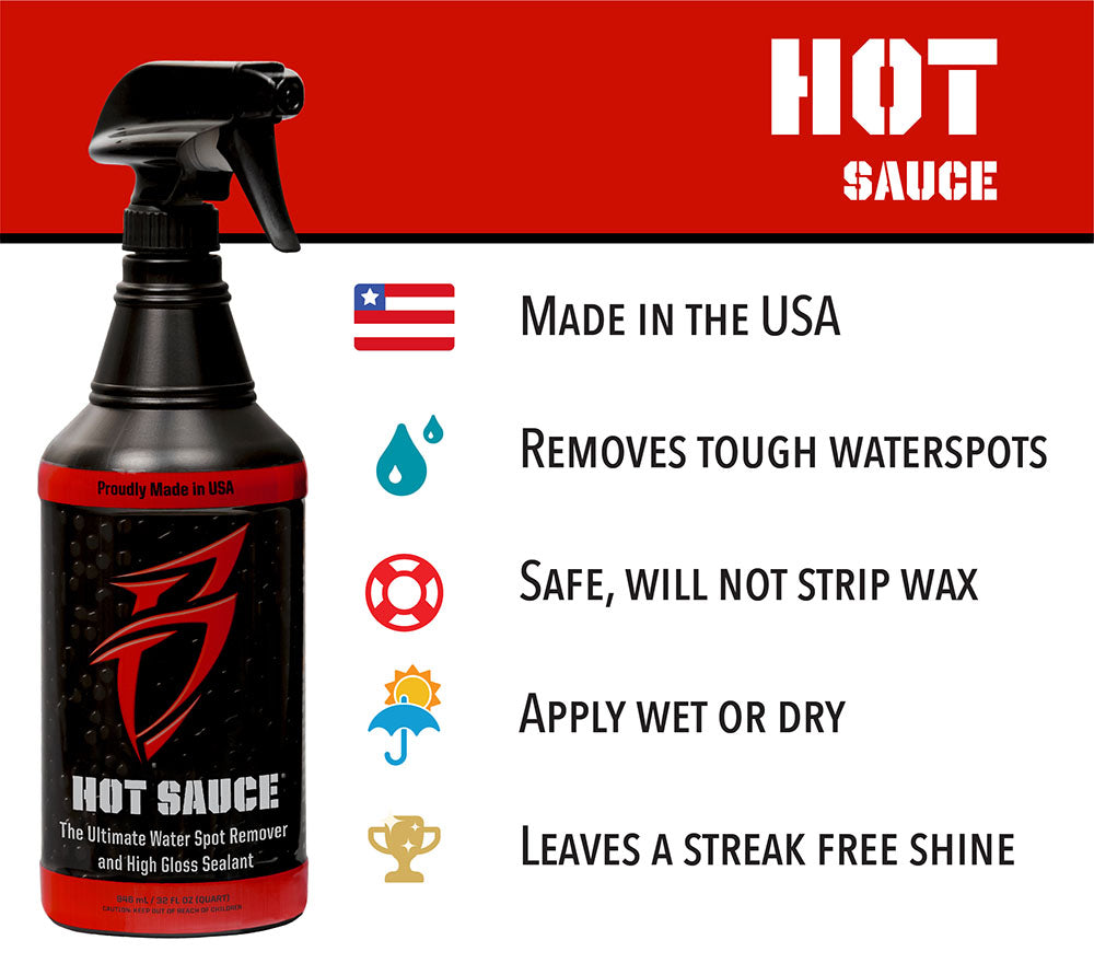 Bling Sauce 4-Pack Kit featuring Hot Sauce, a water spot remover and high gloss sealant, safe for waxed surfaces.