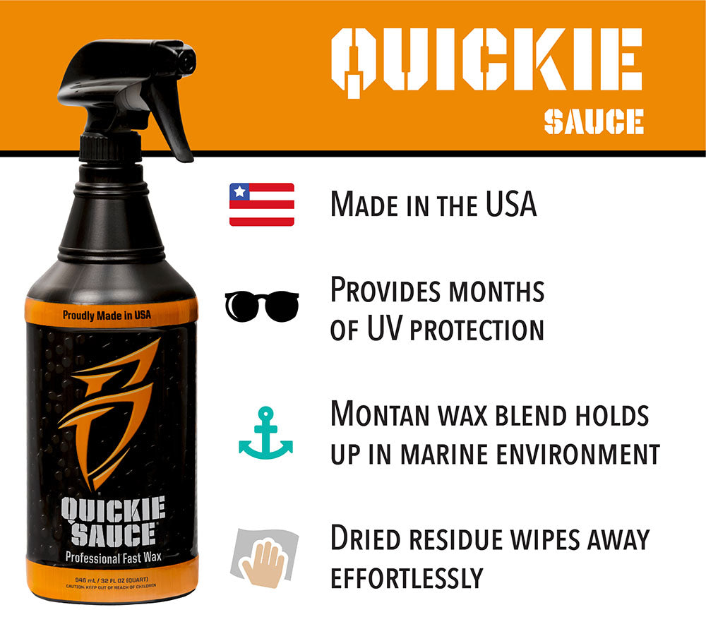 Bling Sauce 4-Pack Kit featuring Quickie Sauce spray bottle with details on UV protection and marine environment suitability.