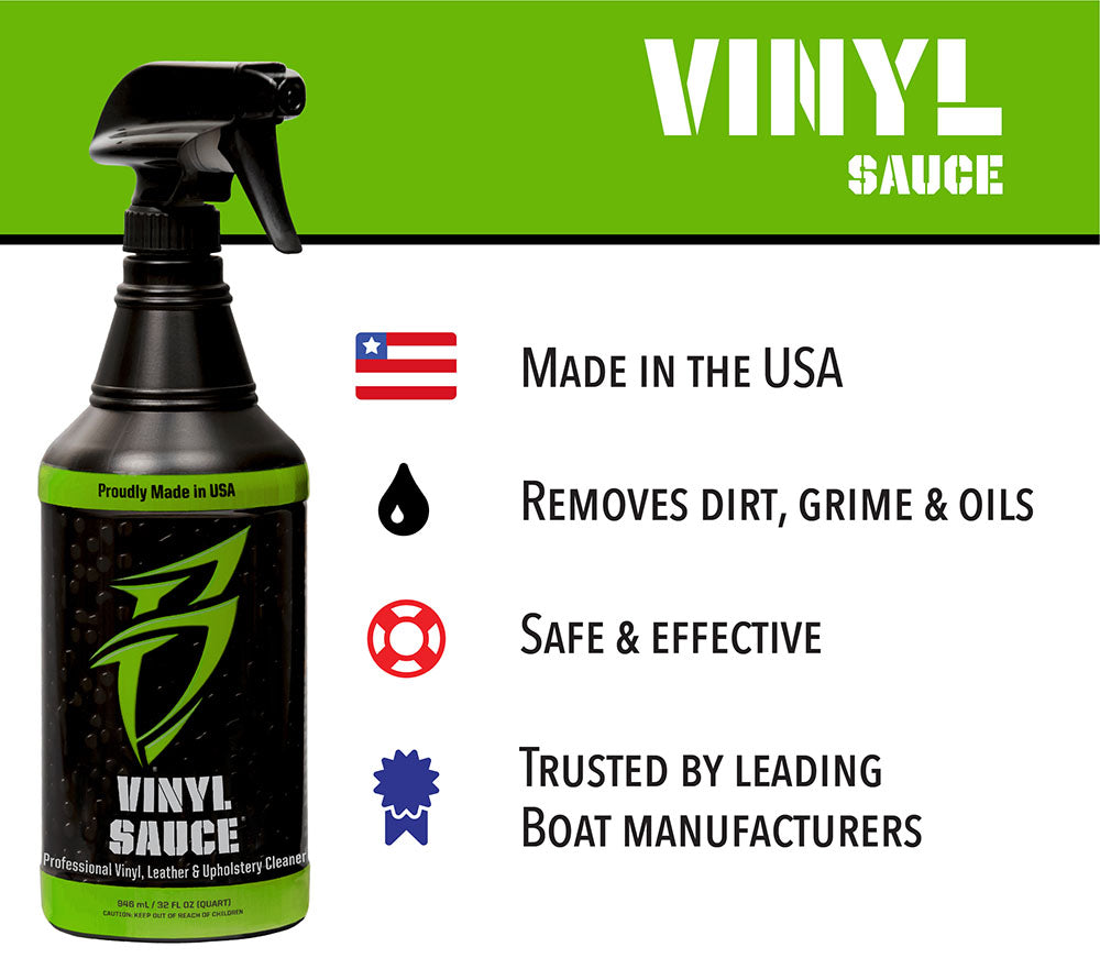 Bling Sauce 4-Pack Kit featuring Vinyl Sauce spray bottle, highlighting its cleaning capabilities for vinyl and upholstery.