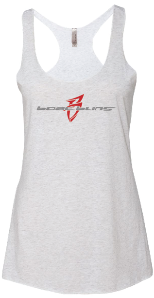 Light gray women's racerback tank top featuring a bold red and silver logo on the front.