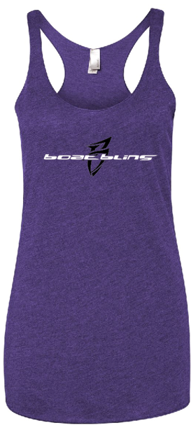 Purple women's racerback tank top featuring a bold white logo on the front. Ideal for workouts or casual wear.