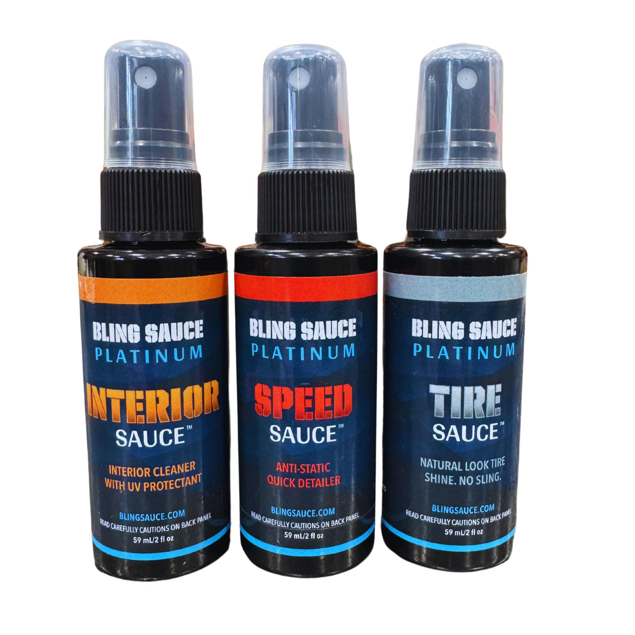 Three spray bottles from Bling Sauce's 2025 Platinum 3-Pack Sample Kit, labeled Interior Sauce, Speed Sauce, and Tire Sauce.