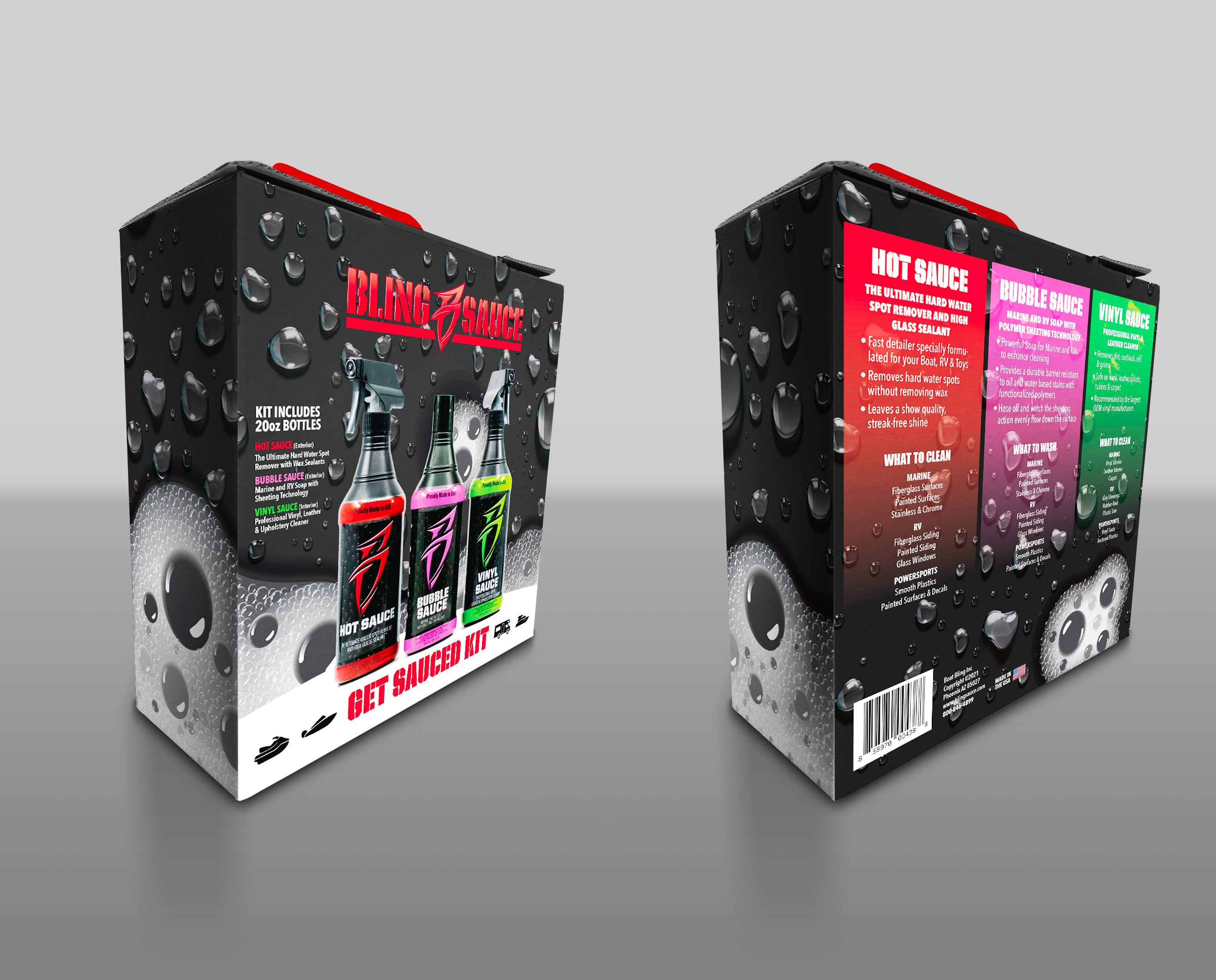 Three-pack sauce kit featuring Bling Sauce bottles in vibrant colors, showcasing flavors and product details on the packaging.