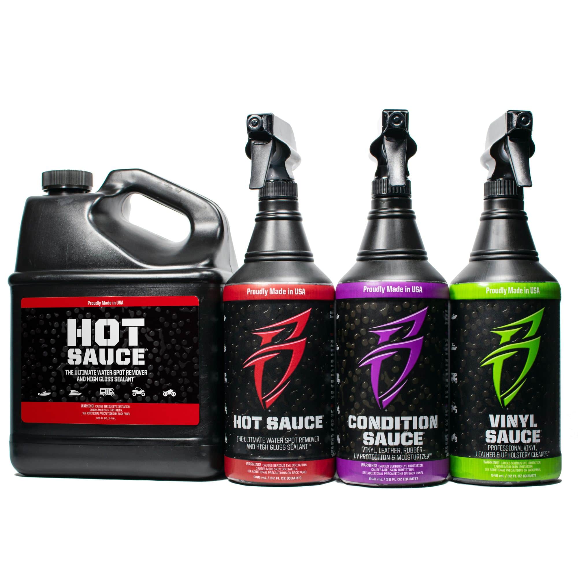Four bottles of car care products: Hot Sauce, Condition Sauce, and Vinyl Sauce, alongside a large container of Hot Sauce.