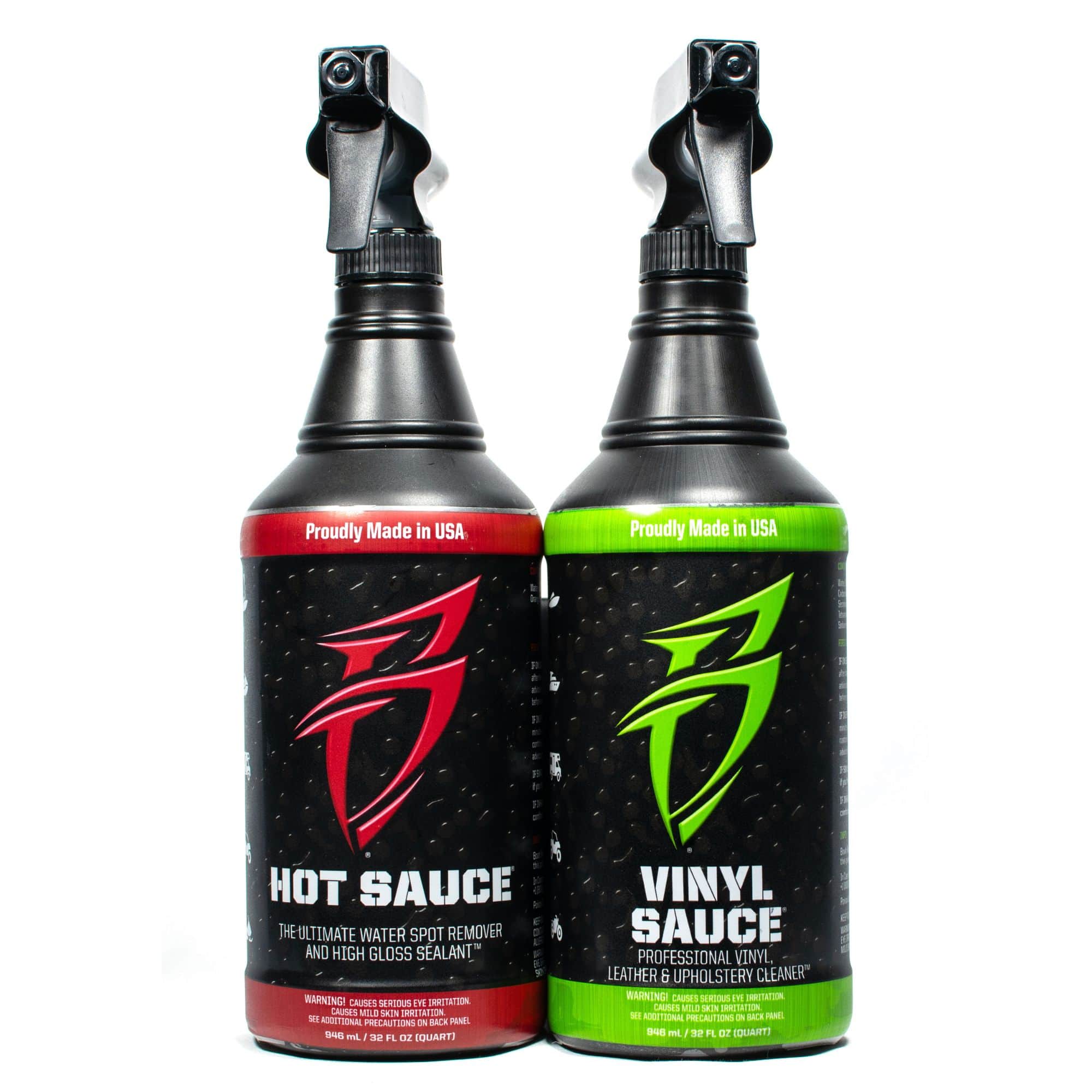 Two spray bottles labeled "Hot Sauce" and "Vinyl Sauce," designed for cleaning and protecting surfaces, against a white background.