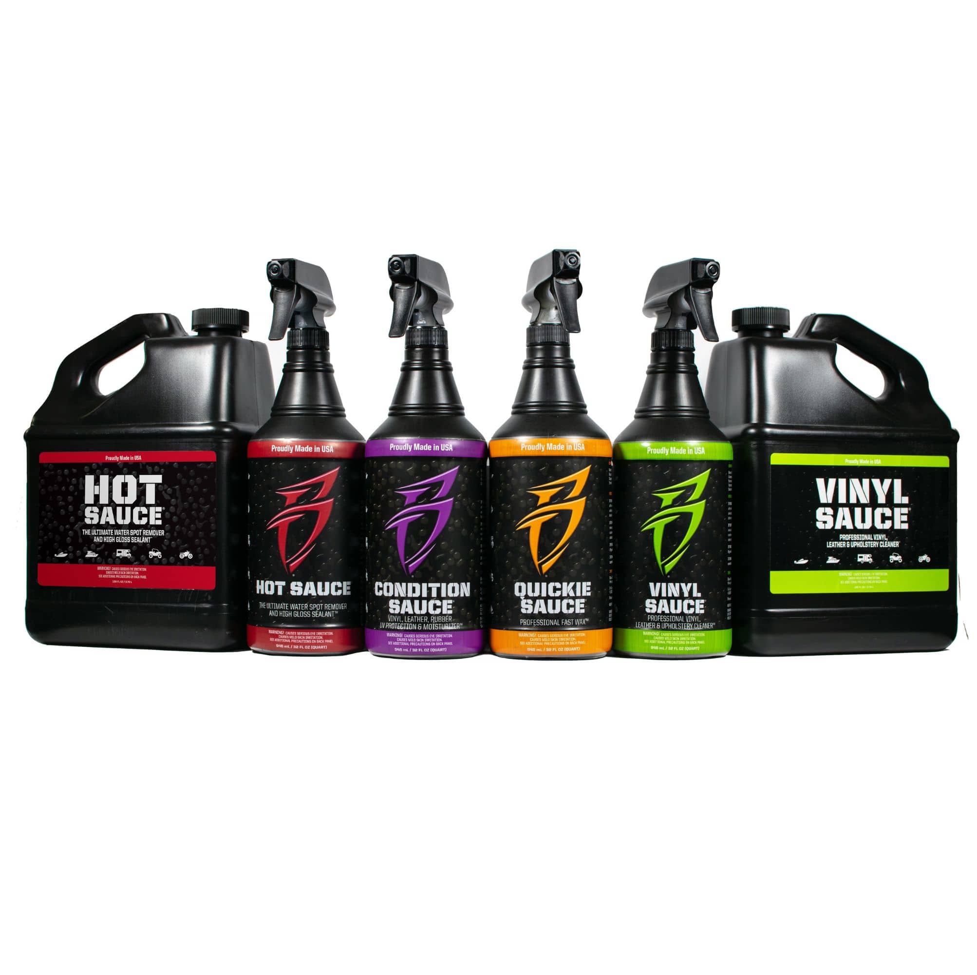 Five bottles of car care products arranged in a row, featuring Hot Sauce, Condition Sauce, Quickie Sauce, and Vinyl Sauce.
