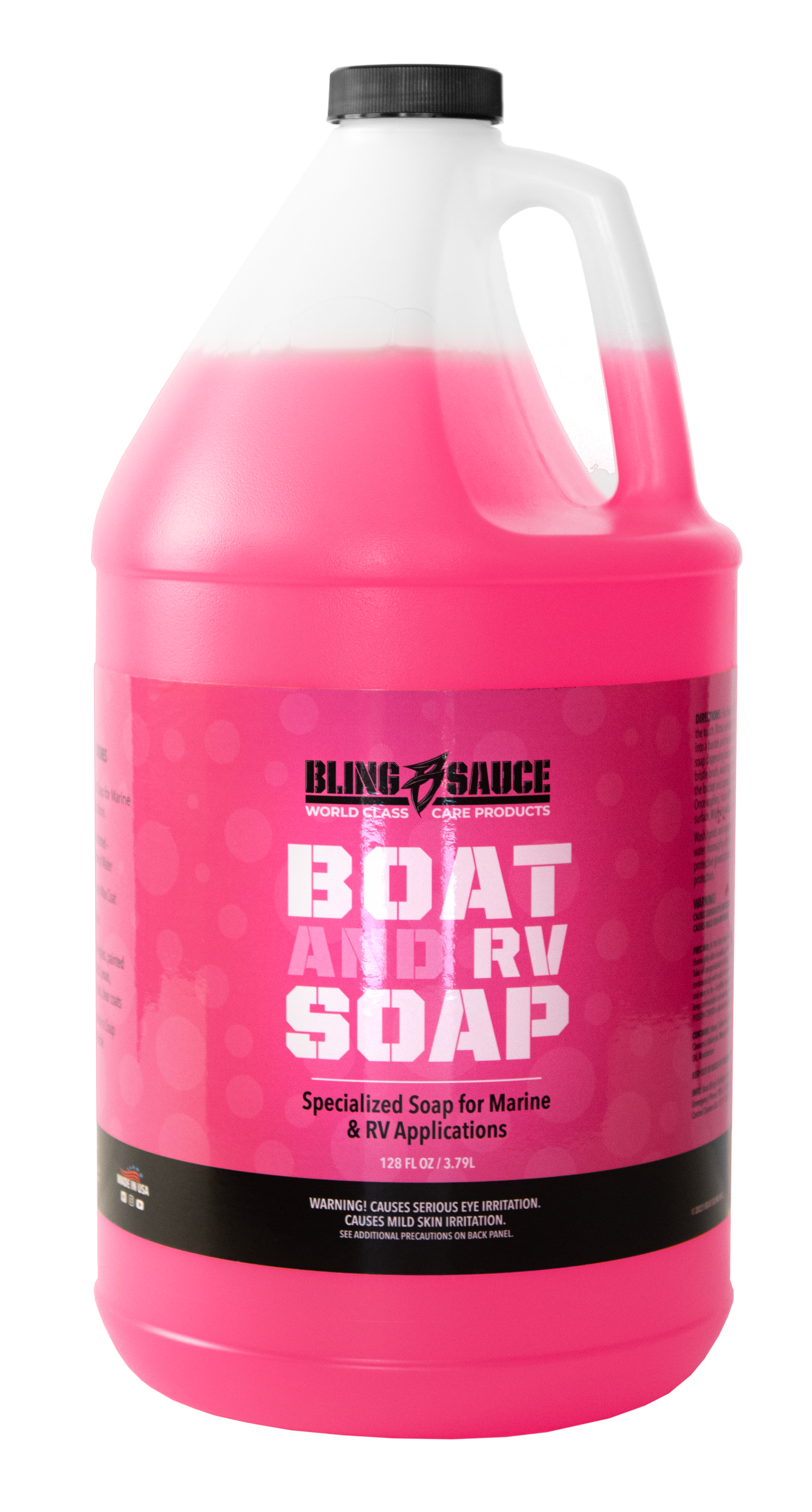 A gallon jug of Bling Sauce Boat and RV Soap, designed for marine and RV cleaning, featuring a pink liquid and clear labeling.