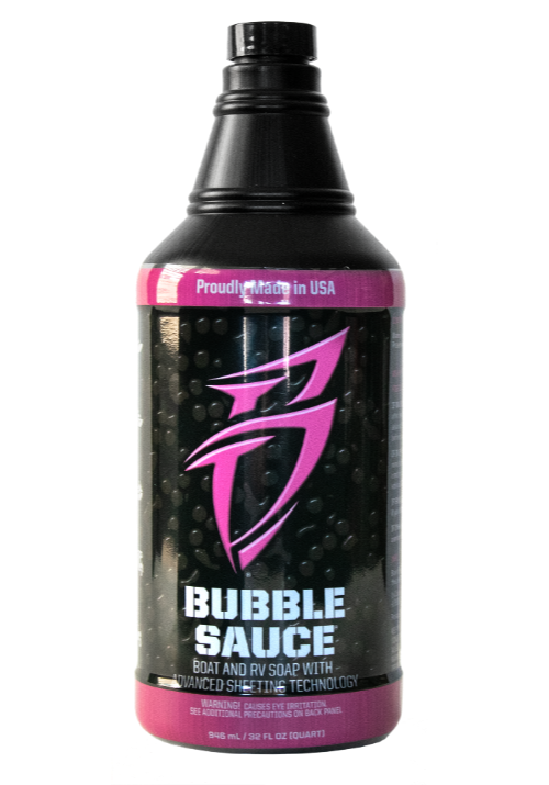 Bottle of Bubble Sauce, a boat and RV soap featuring advanced sheeting technology, proudly made in the USA.