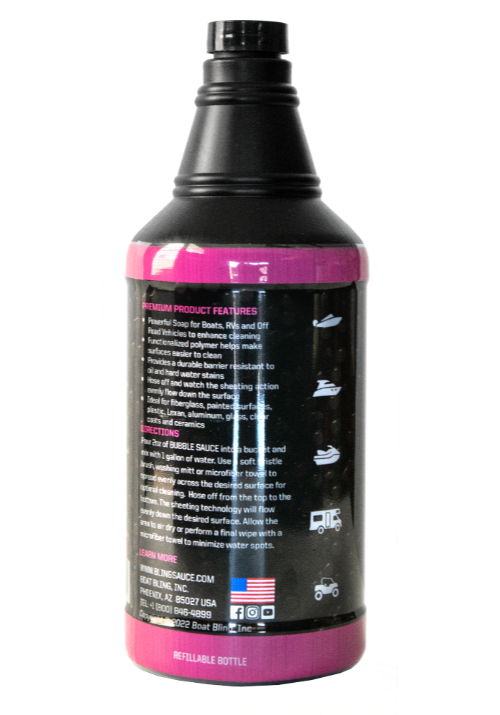 Back view of a refillable Bubble Sauce bottle, showcasing product features, directions, and usage instructions.