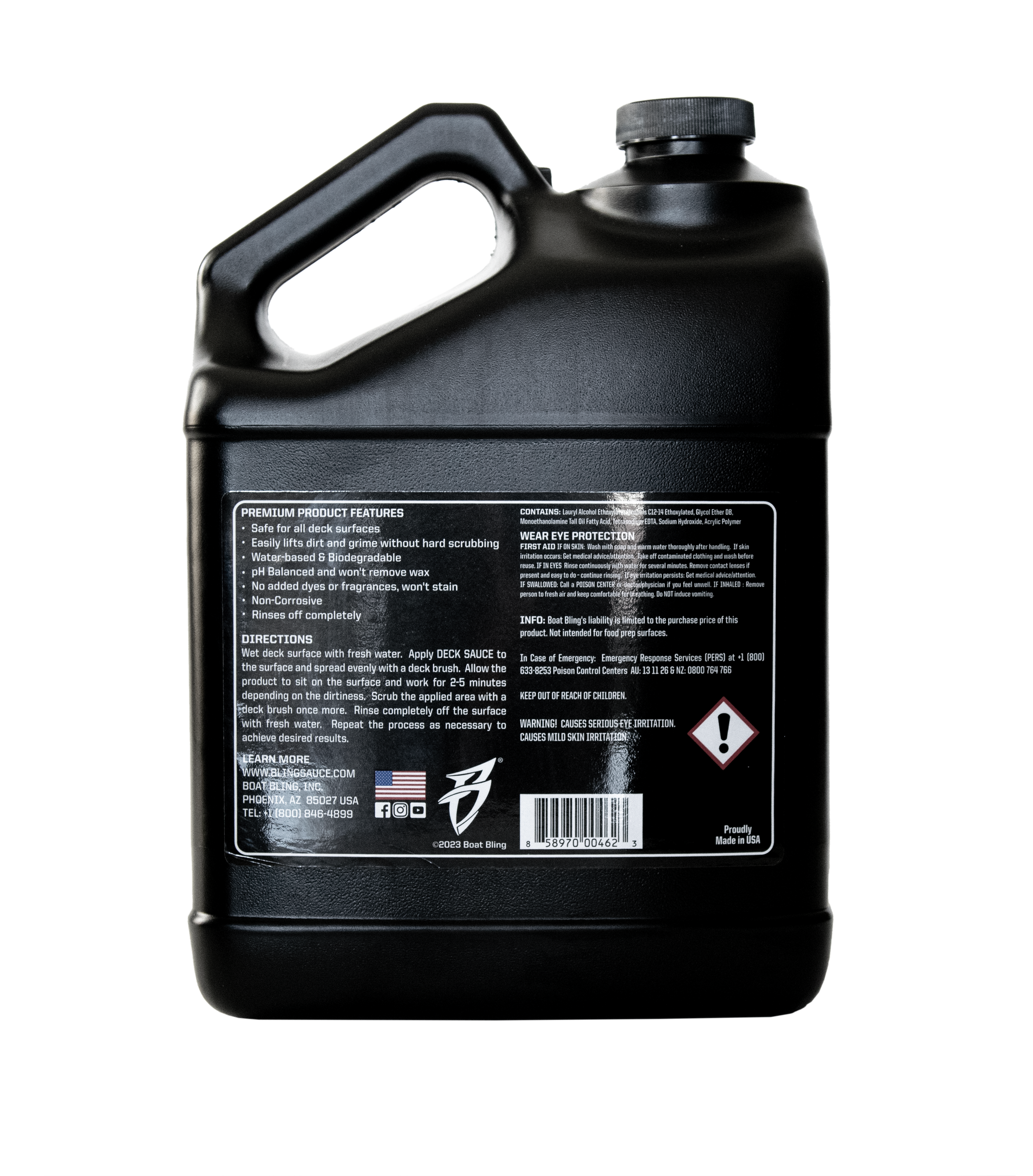 Black jug of Deck Sauce, a premium boat cleaning product, featuring product details and usage instructions on the back.