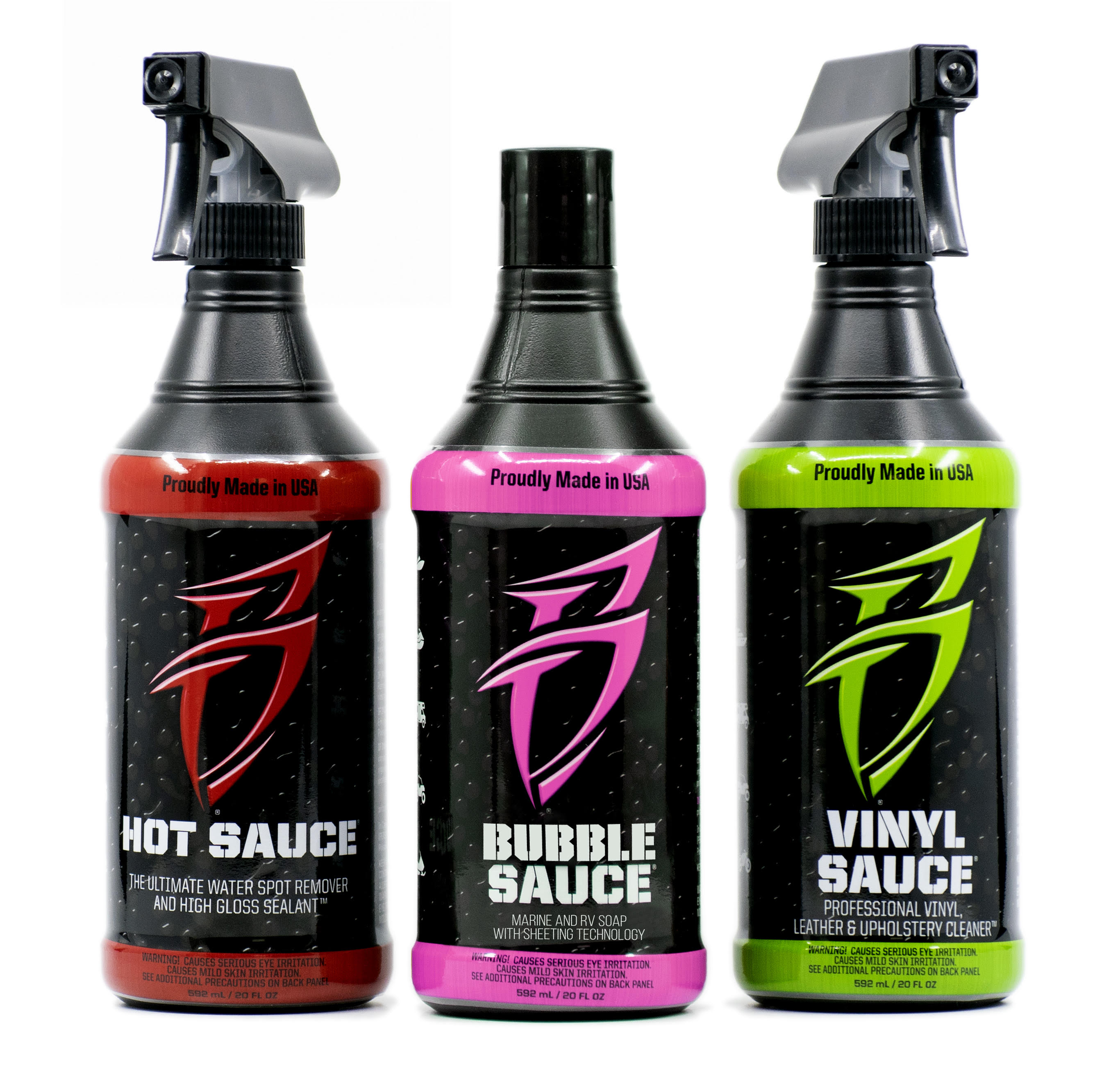 Three spray bottles of car cleaning products: Hot Sauce, Bubble Sauce, and Vinyl Sauce, each with distinct colors and labels.