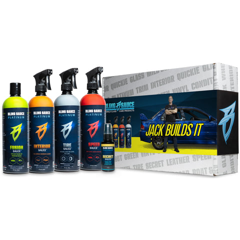 Jack Builds It Fully Sent Kit featuring four premium vehicle cleaning products and a display box for car enthusiasts.