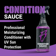 Bottle of Condition Sauce, a professional moisturizing conditioner for vinyl, leather, and rubber with UV protection.