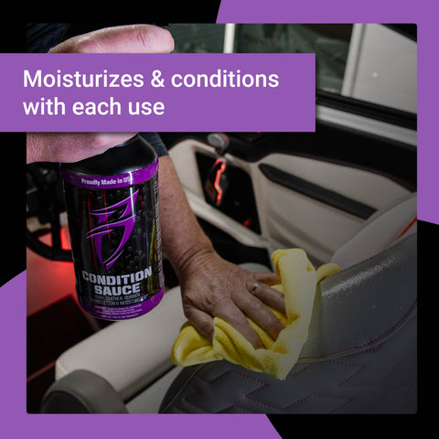 A person applying Condition Sauce to a car seat with a microfiber cloth, showcasing its moisturizing and conditioning properties.