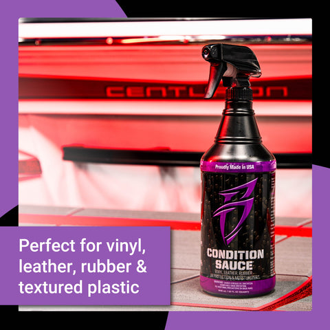 Condition Sauce spray bottle designed for vinyl, leather, rubber, and textured plastic vehicle surfaces.